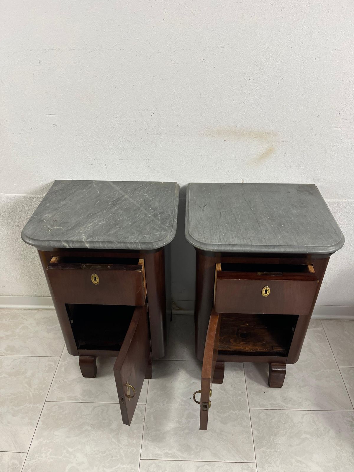 Set Of 2 Little Mid Century Italian Gray Marble Top Nightstands, 1940s photo for sale
