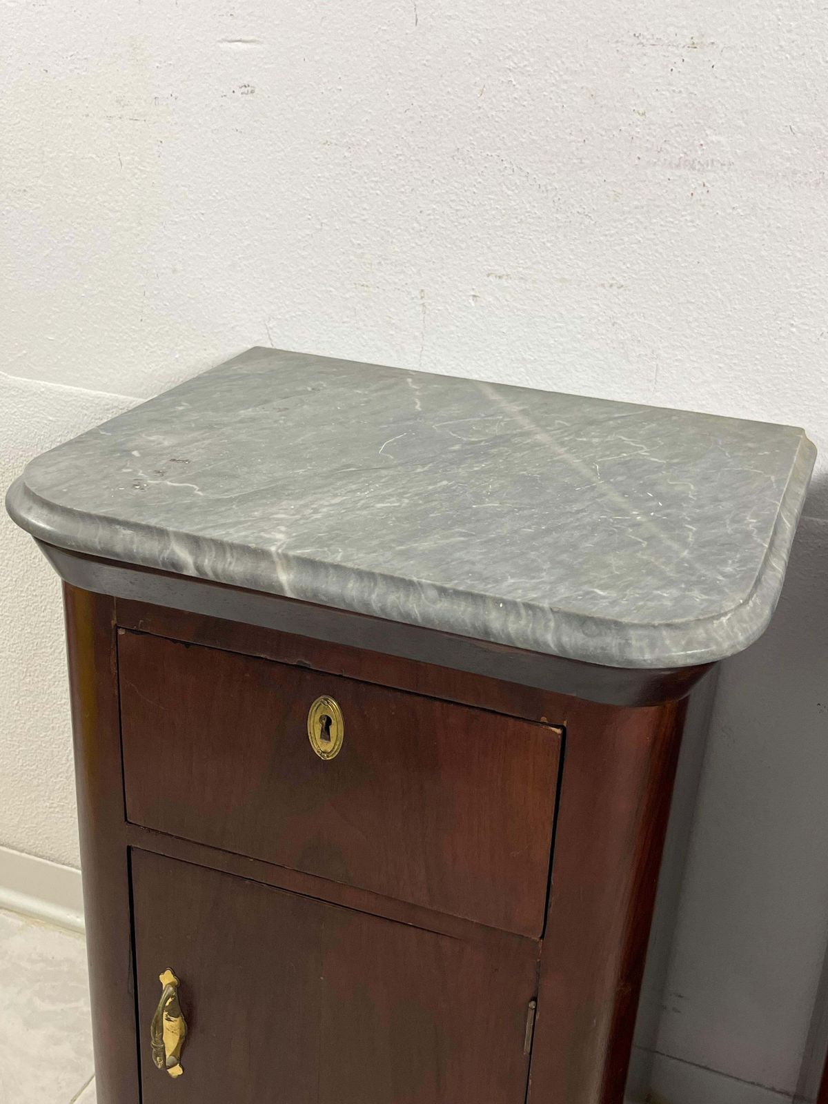 Furniture Set Of 2 Little Mid Century Italian Gray Marble Top Nightstands, 1940s photo