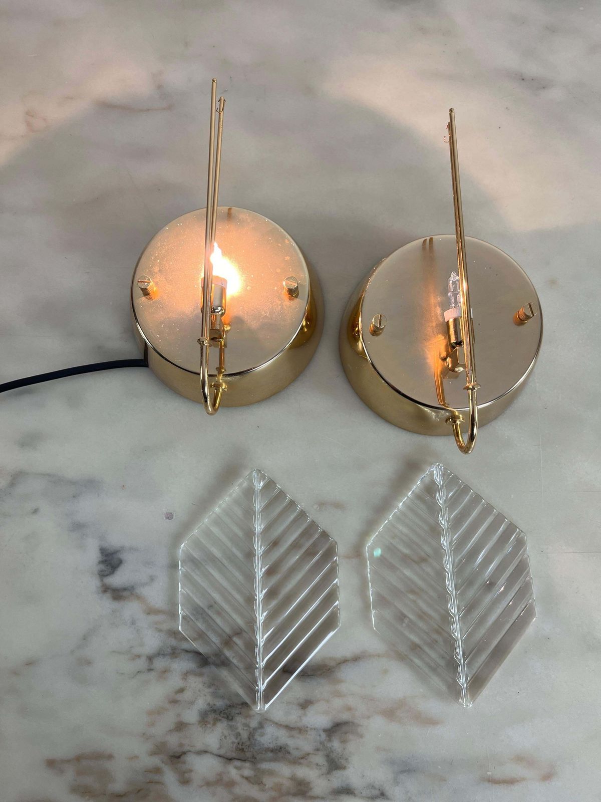 Lighting Set Of 2 Wall Lamps In Brass And Murano Glass, Zero Quattro 1970s photo