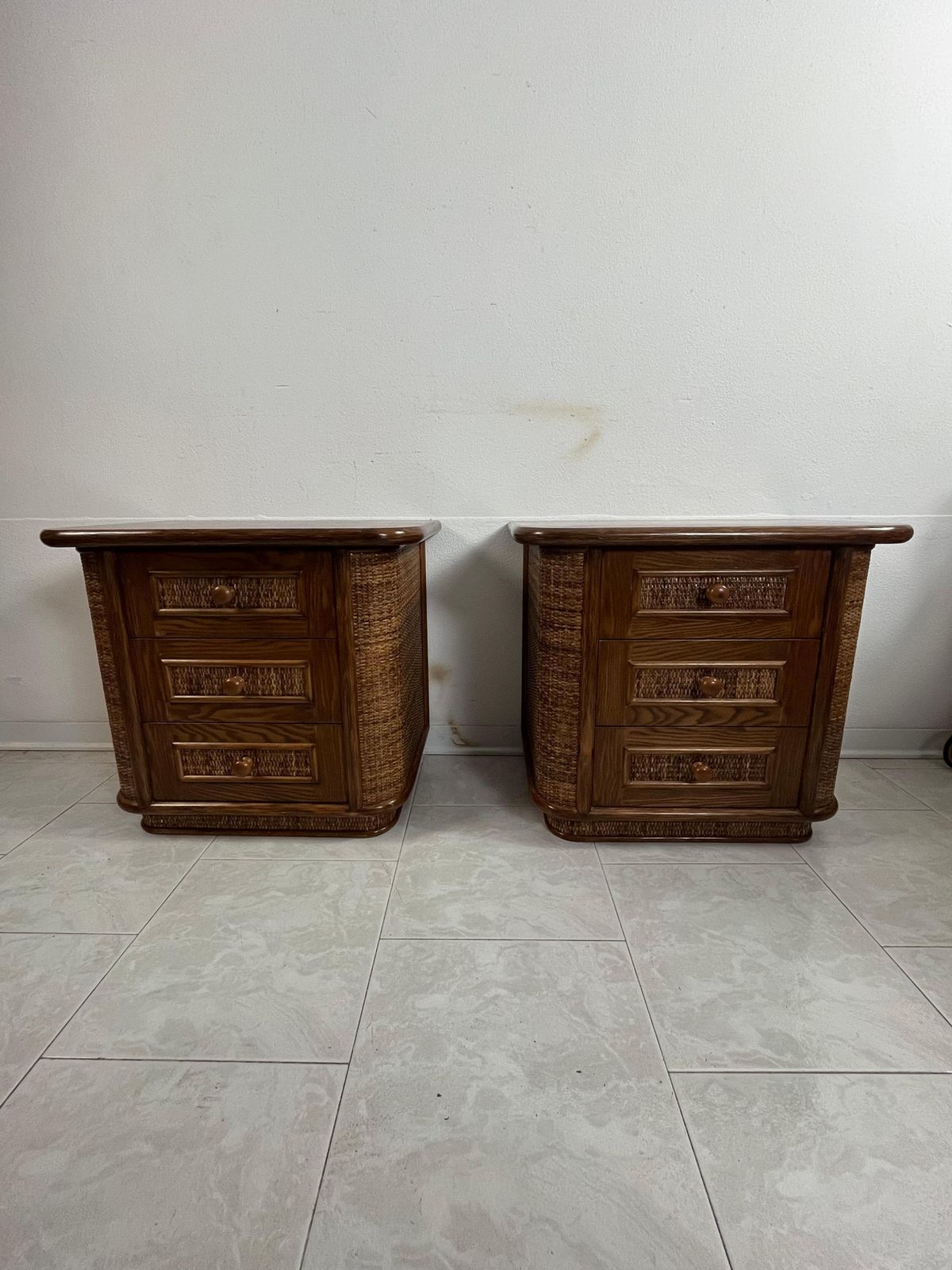 Set Of 2 Wood And Rattan Bedside Tables, Made In Italy 1970s photo Furniture