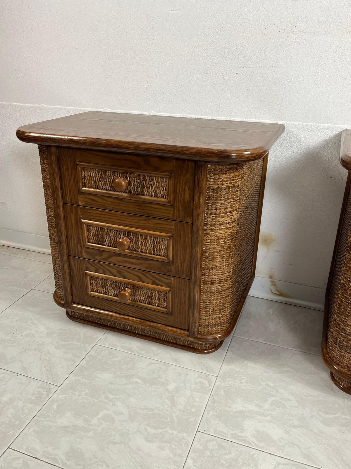 photo furniture Set Of 2 Wood And Rattan Bedside Tables, Made In Italy 1970s