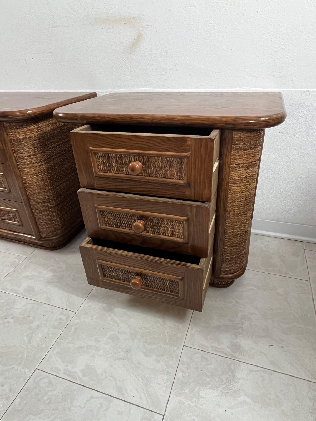 photo buy Set Of 2 Wood And Rattan Bedside Tables, Made In Italy 1970s