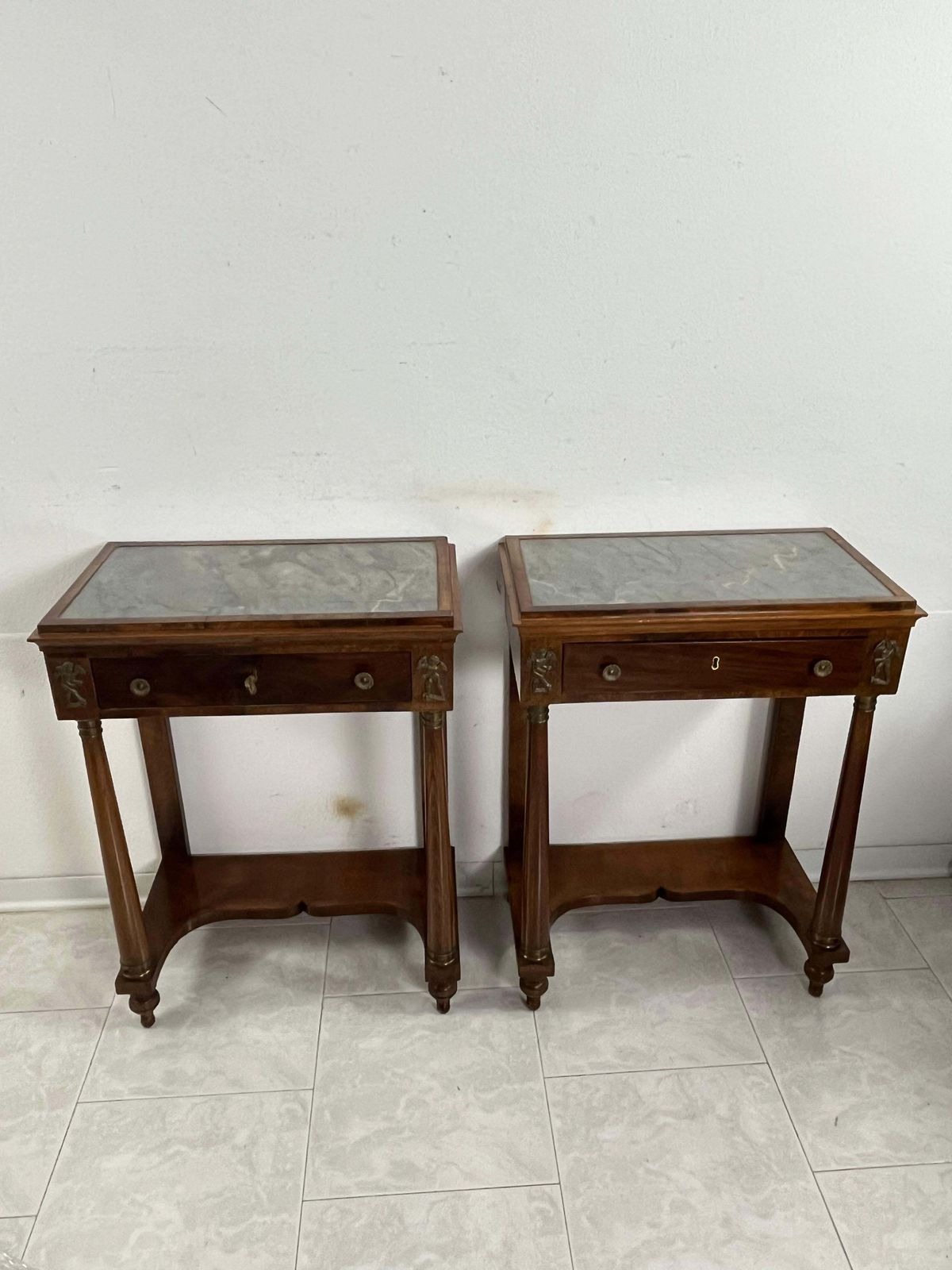 photo for sale Set Of 2 Mid Century Italian Marble Top Nightstands, 1940s