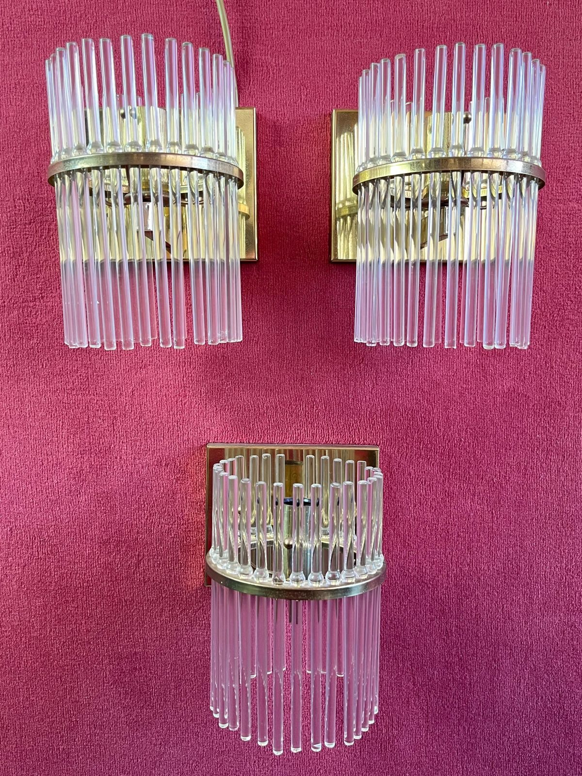 Set Of 3 Sciolari Brass And Murano Glass Wall Lamps Sconces  Mid Century 1960s photo furniture