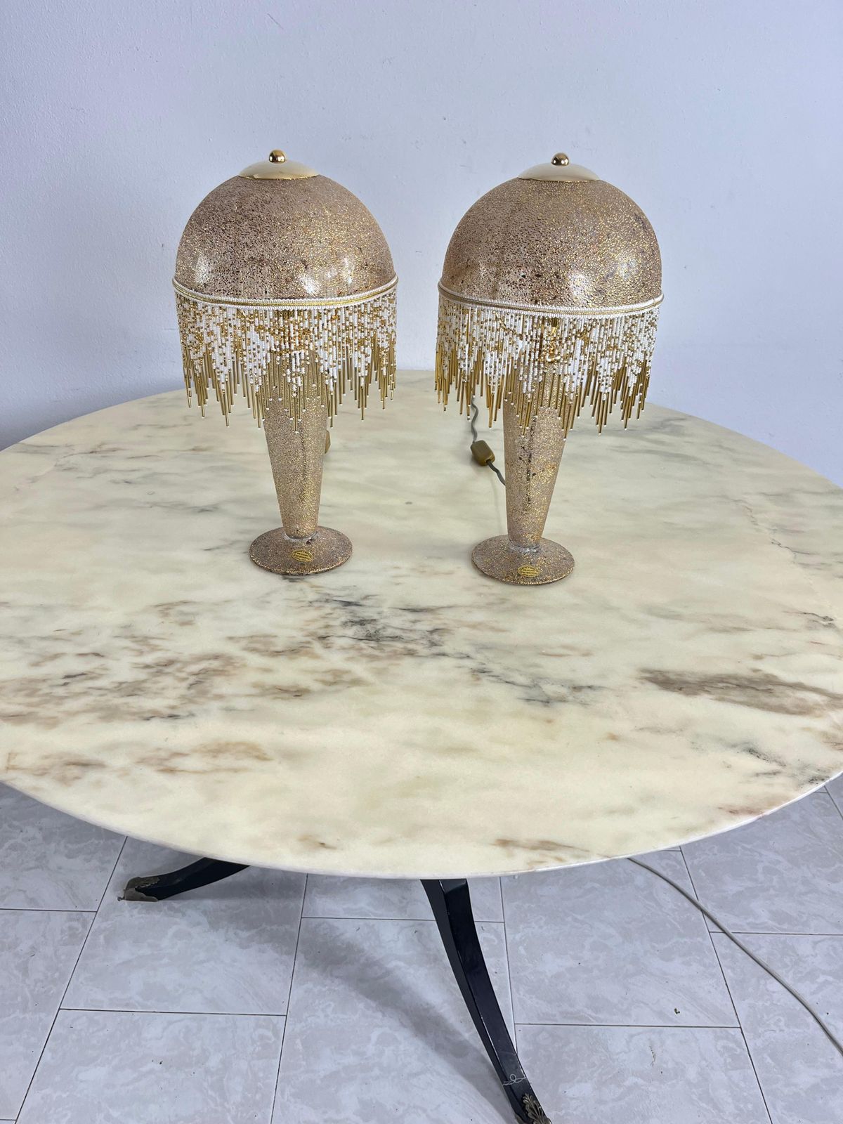 Set Of 2 Table Lamps In Mouth Blown Glass And Hand Decorated With Pure Gold 1980 photo vintage