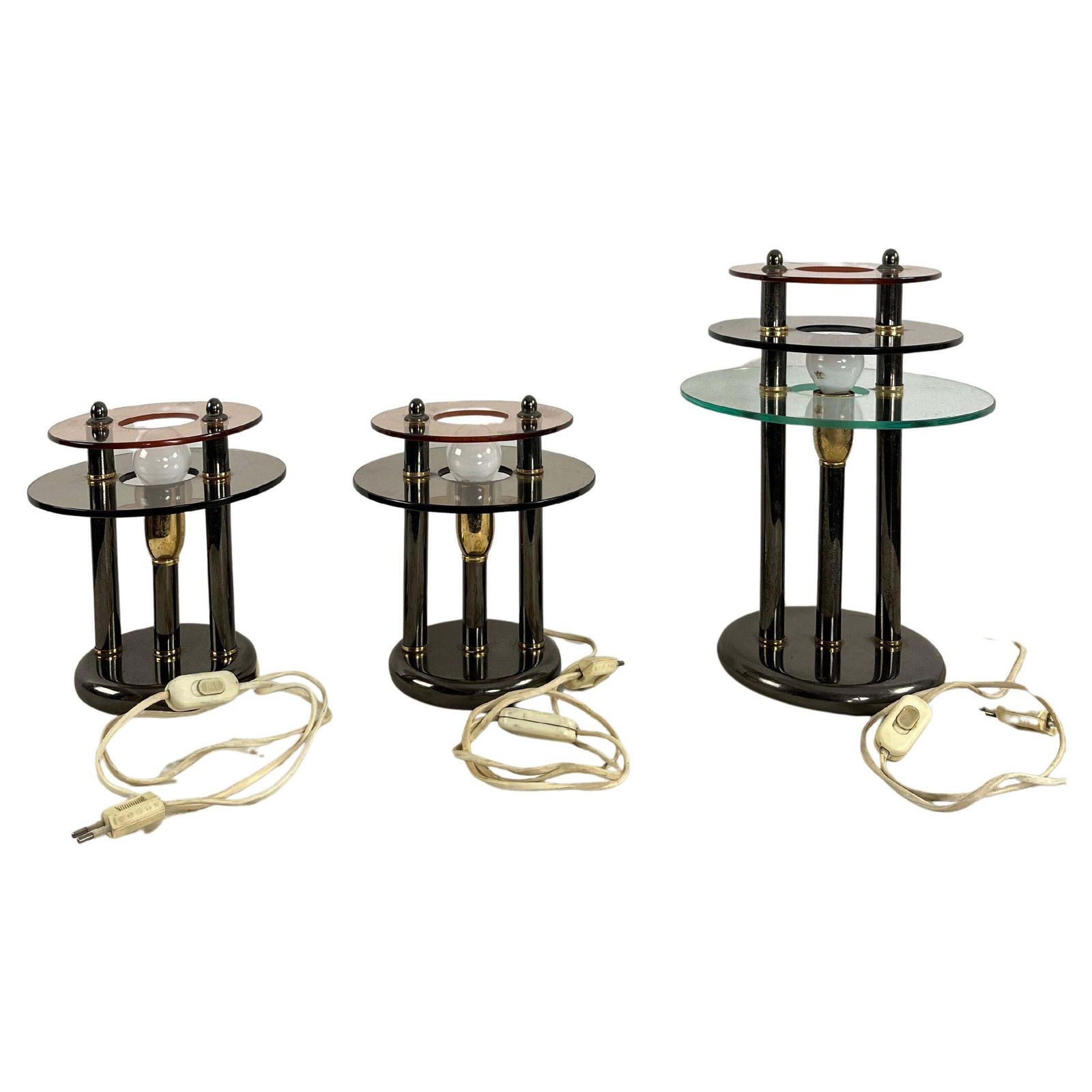 Set Of 3 Bedroom Lamps In Metal And Colored Murano Glass, 1980s