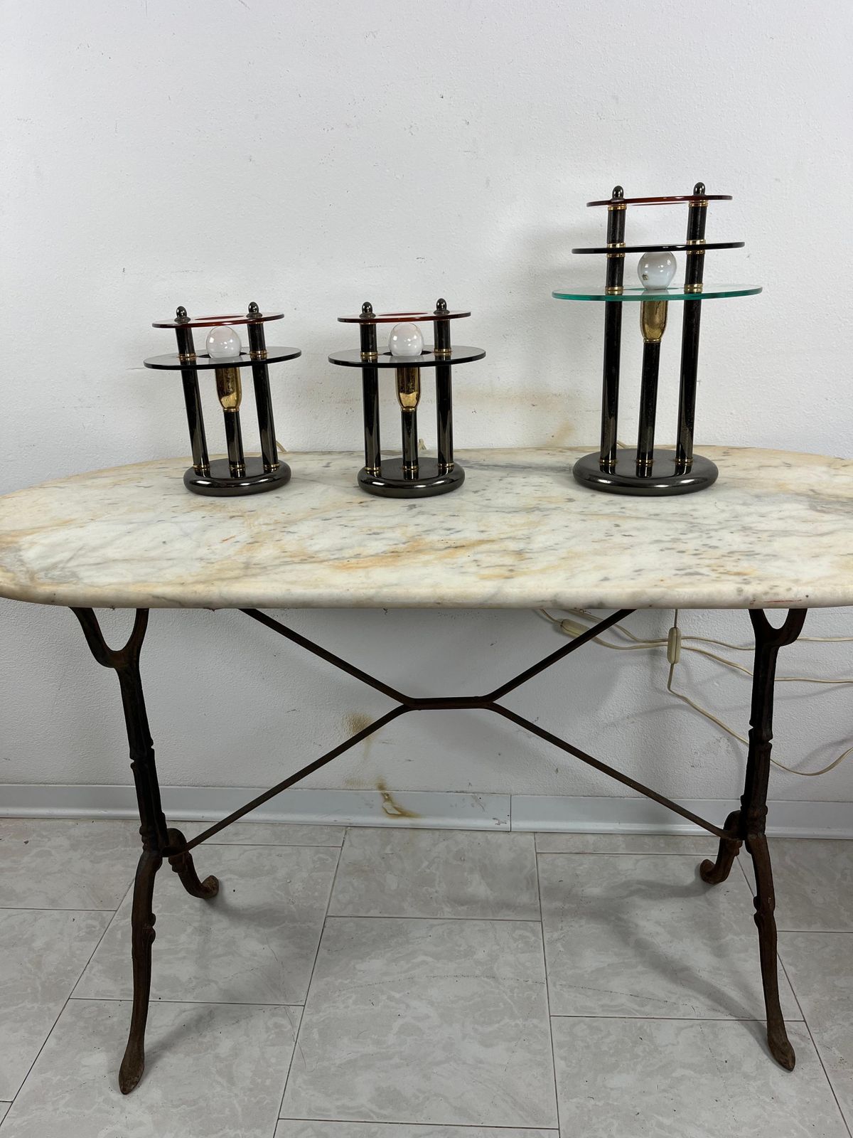 Set Of 3 Bedroom Lamps In Metal And Colored Murano Glass, 1980s photo vintage