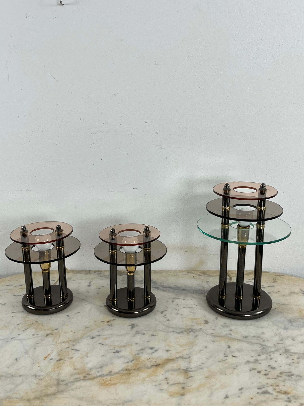 photo furniture Set Of 3 Bedroom Lamps In Metal And Colored Murano Glass, 1980s