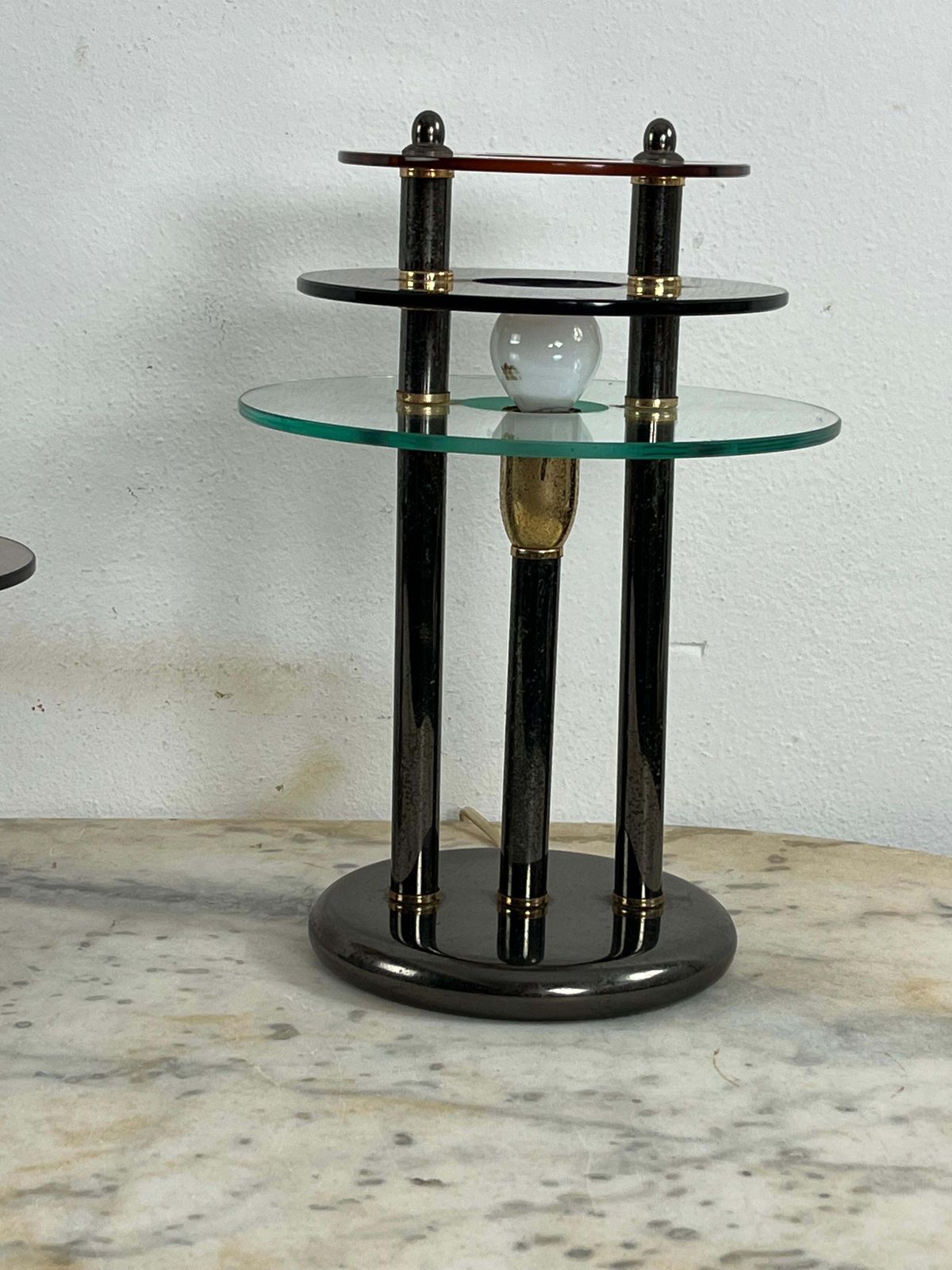 photo for sale Set Of 3 Bedroom Lamps In Metal And Colored Murano Glass, 1980s