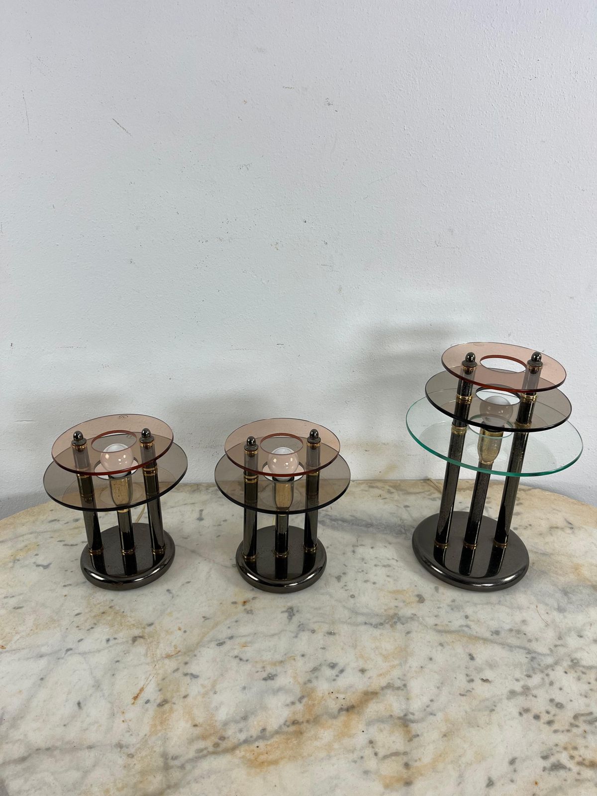 photo buy Set Of 3 Bedroom Lamps In Metal And Colored Murano Glass, 1980s
