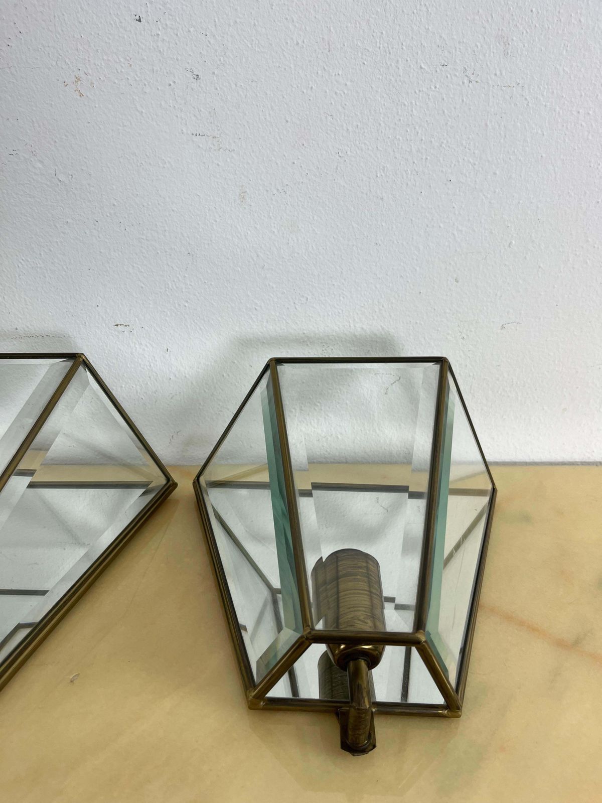 Set Of 2 Mid Century Brass Glass Mirror Wall Lamps, Made In Italy 1950s photo furniture