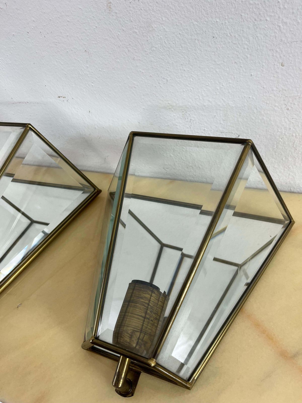 Set Of 2 Mid Century Brass Glass Mirror Wall Lamps, Made In Italy 1950s photo for sale