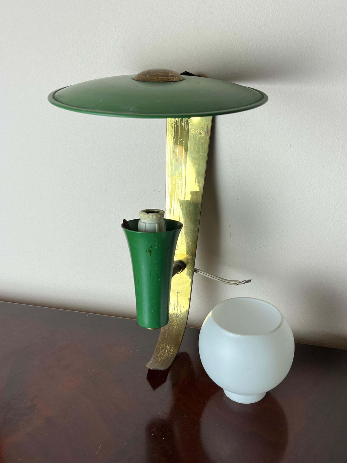 photo furniture Italian Wall Lamp In Brass And Green Aluminium, Opaline Glass Bowl, 1950s
