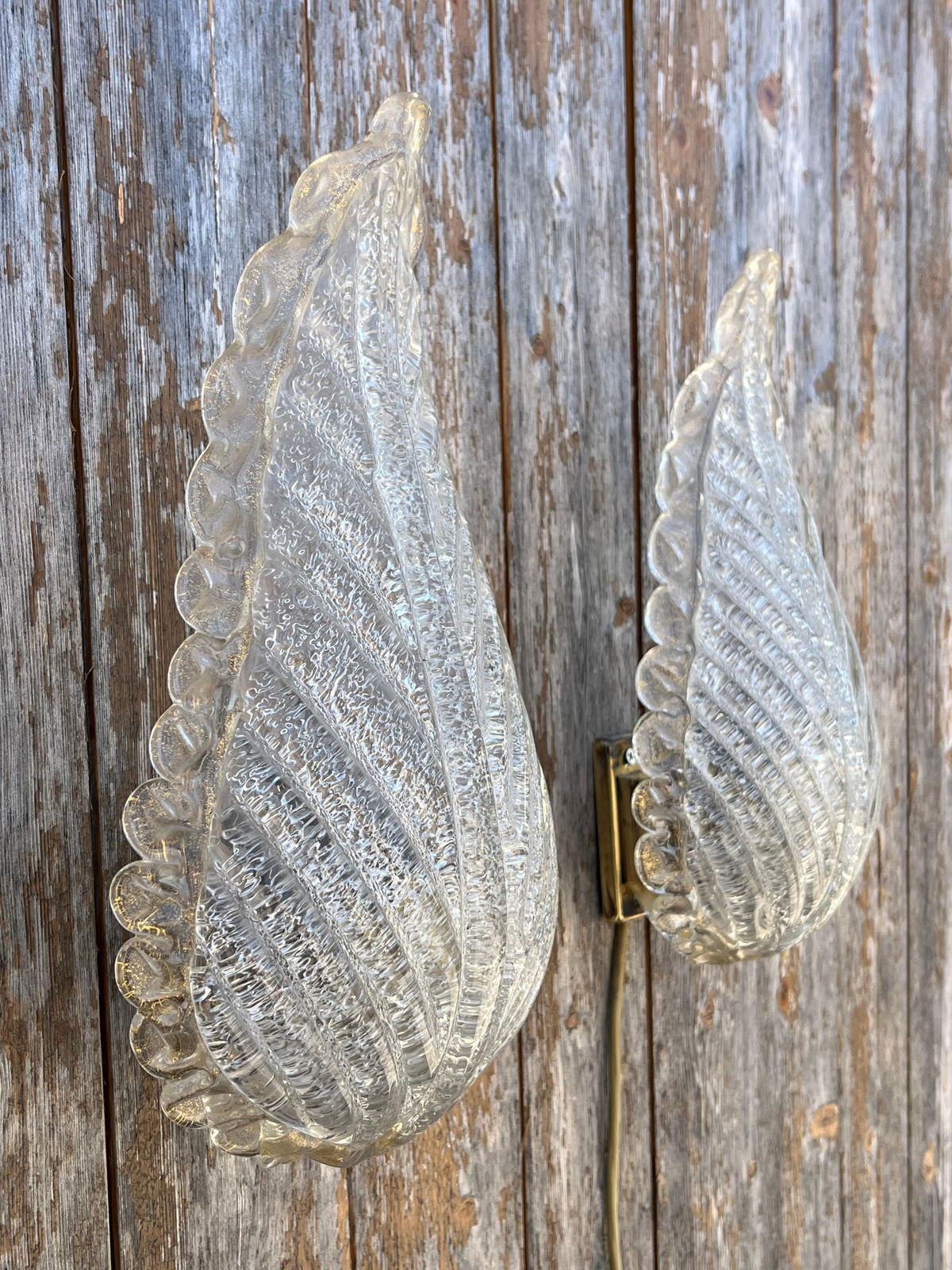 Set Of 2 Mid Century Murano Glass And Brass Wall Lamps Attributed To Cenedese photo vinterior
