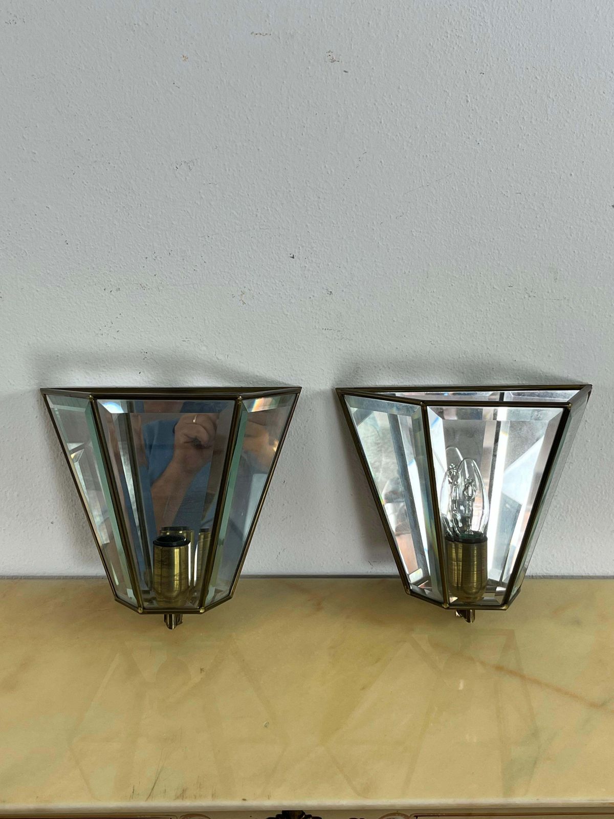 photo buy Set Of 2 Mid Century Brass Glass Mirror Wall Lamps, Made In Italy 1950s