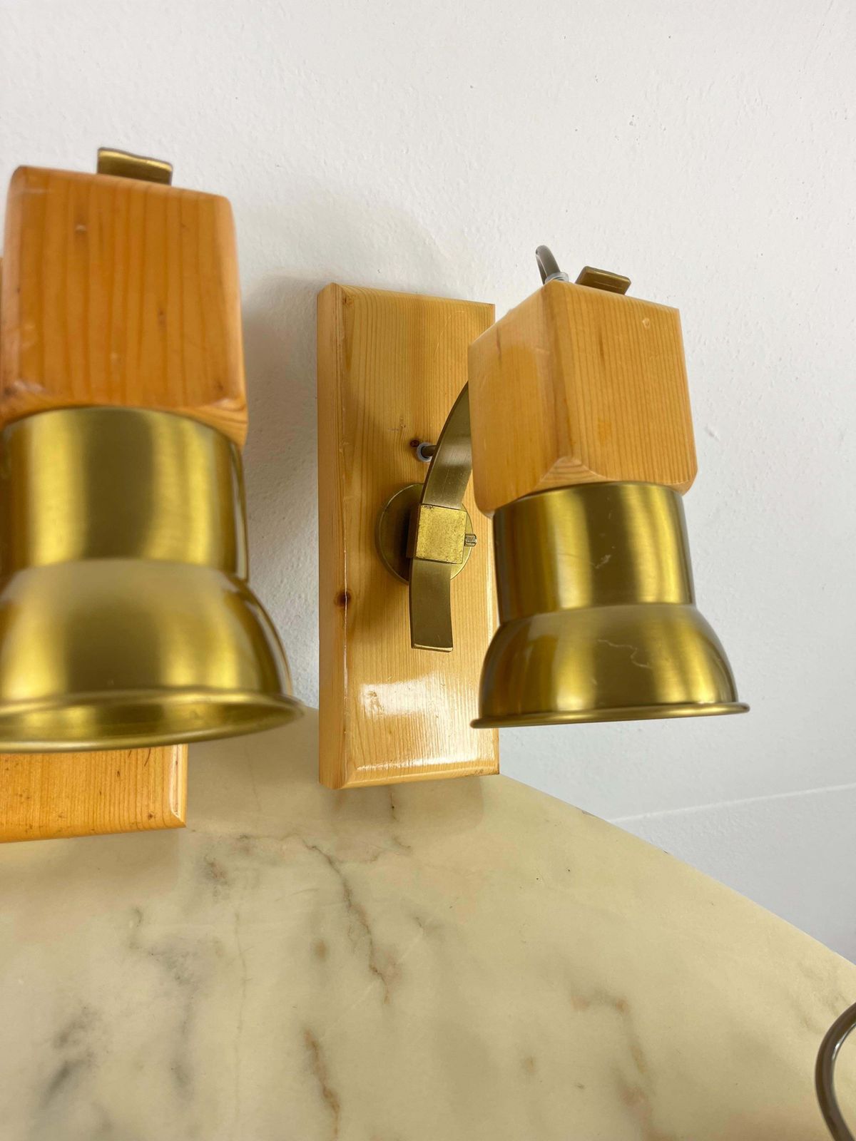 Set Of 7 Mid Century Wood And Brass Wall Lamps Italian Design 1960s photo furniture