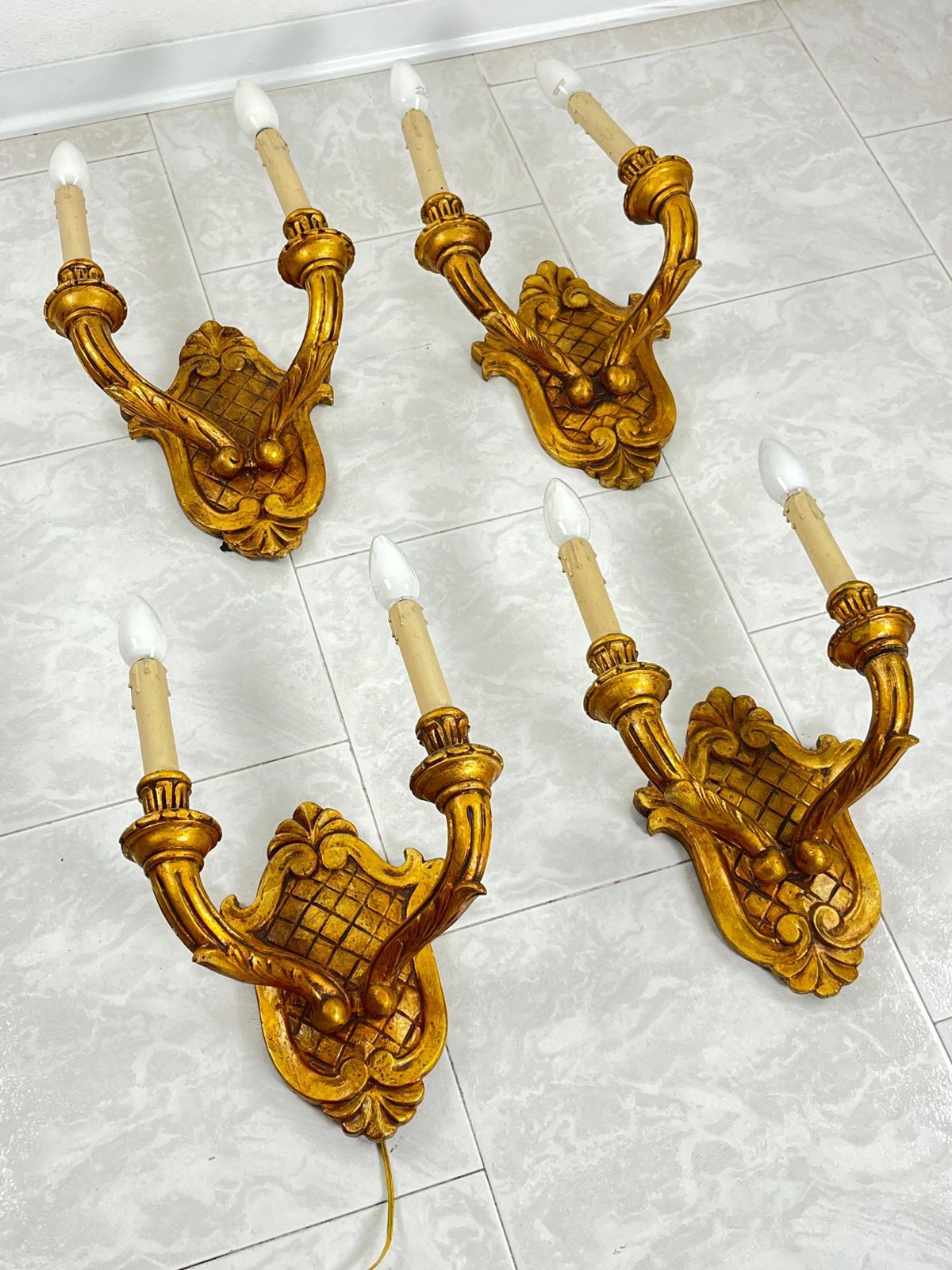 Set Of 4 Mid Century Hand Carved Gilt Wood Wall Lamps 1960s photo furniture