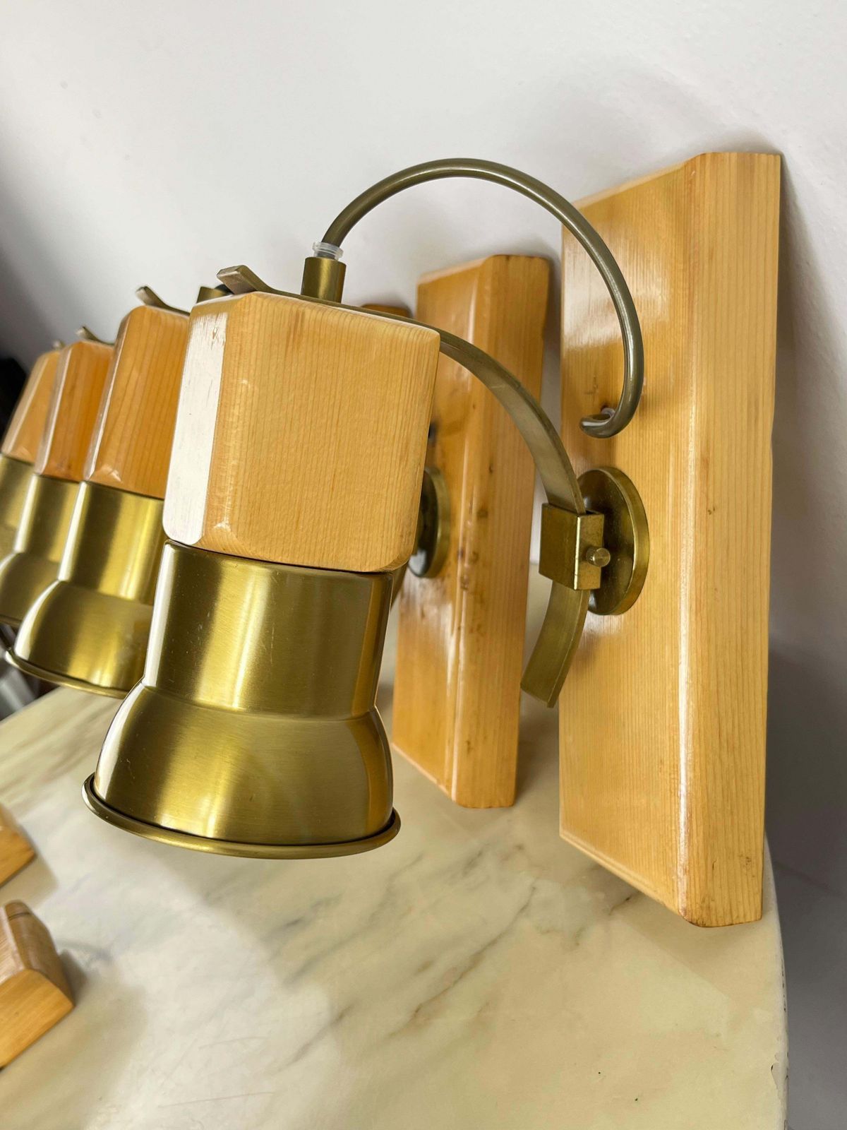 Set Of 7 Mid Century Wood And Brass Wall Lamps Italian Design 1960s photo 1938.0