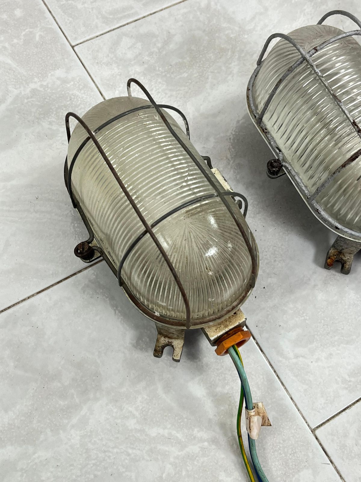 Set Of 3 Mid Century Industrial Cast Iron And Glass Wall Lamps, 1950s photo vintage