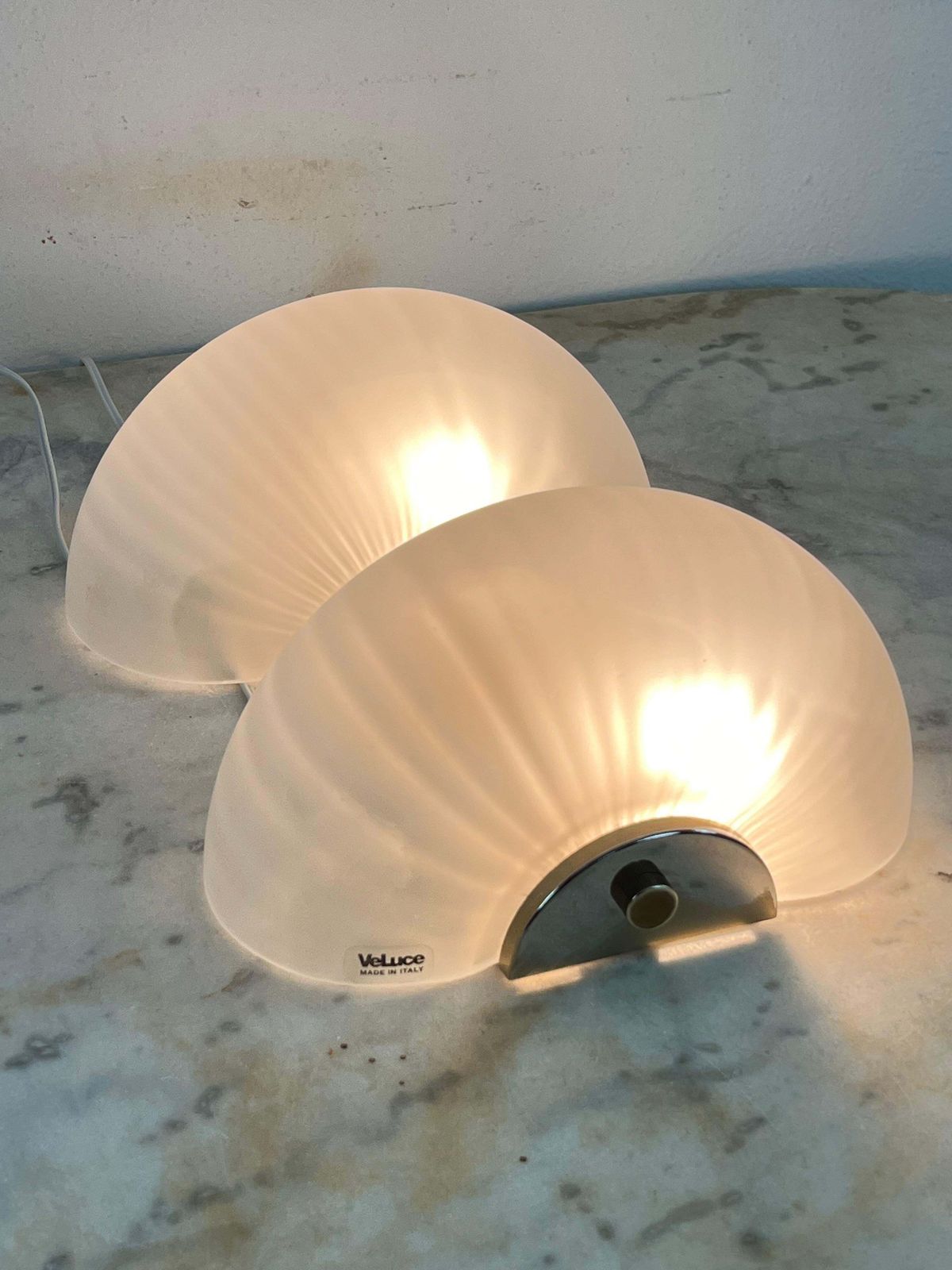 Set Of 2 Mid Century Murano Glass And Brass Shell Wall Lamps, Veluce 1960s photo furniture