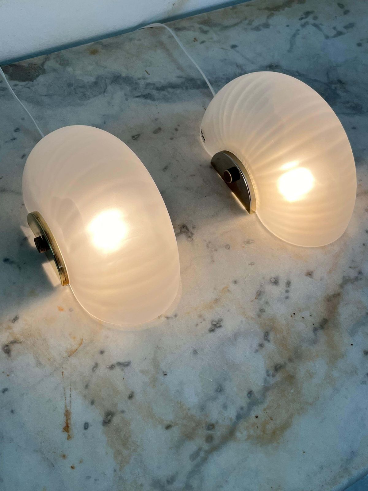 photo furniture Set Of 2 Mid Century Murano Glass And Brass Shell Wall Lamps, Veluce 1960s