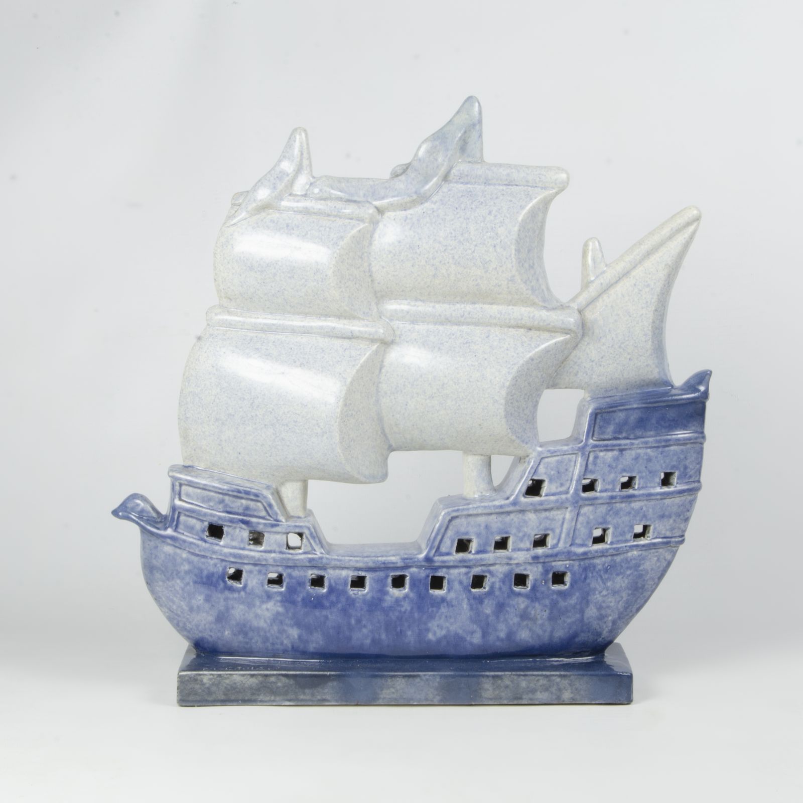Early 20th Century Art Déco French Enameled Blue Ceramic Sculpture Of A Sailing Ship Signed By M. Coulon For Edition Kaza