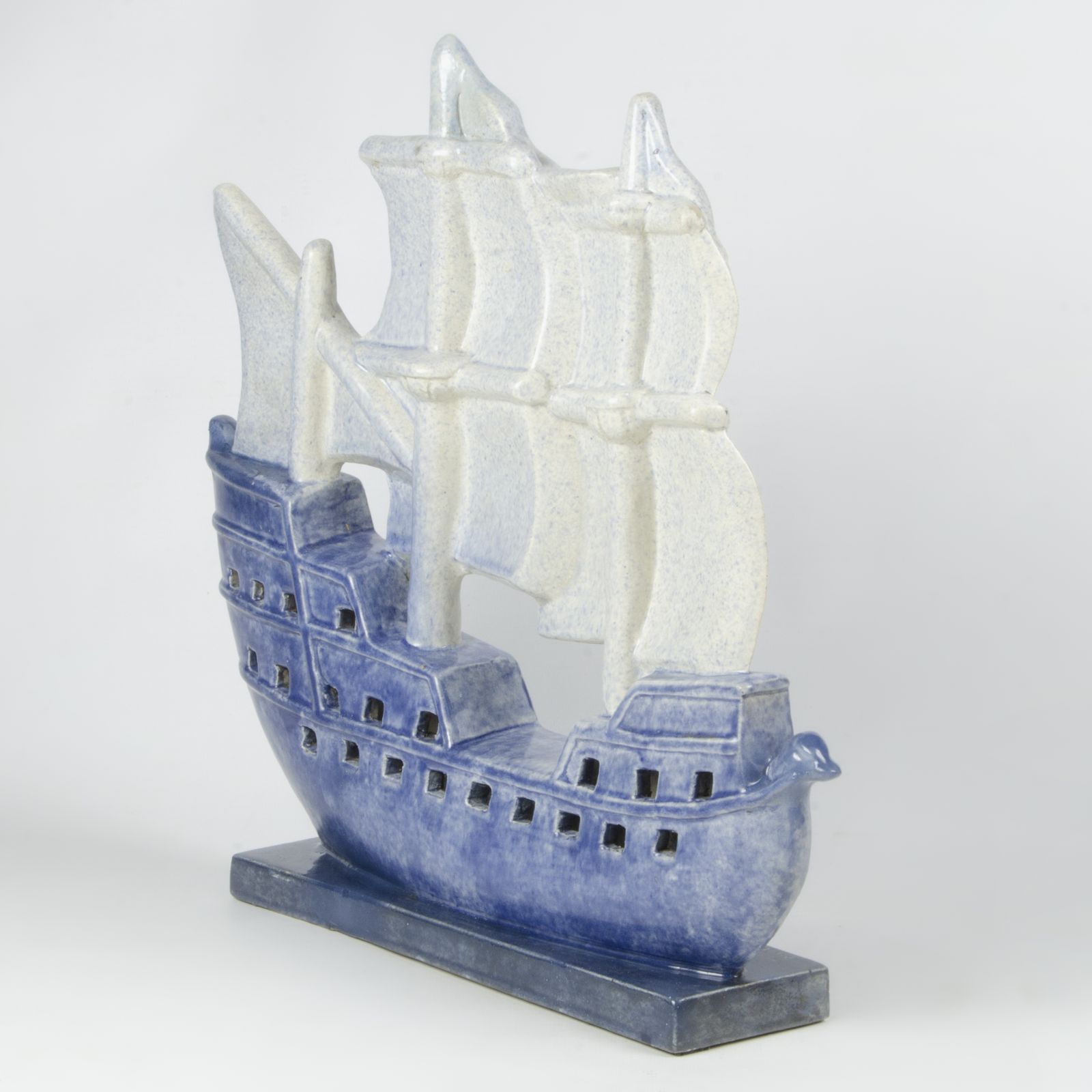 Early 20th Century Art Déco French Enameled Blue Ceramic Sculpture Of A Sailing Ship Signed By M. Coulon For Edition Kaza photo furniture