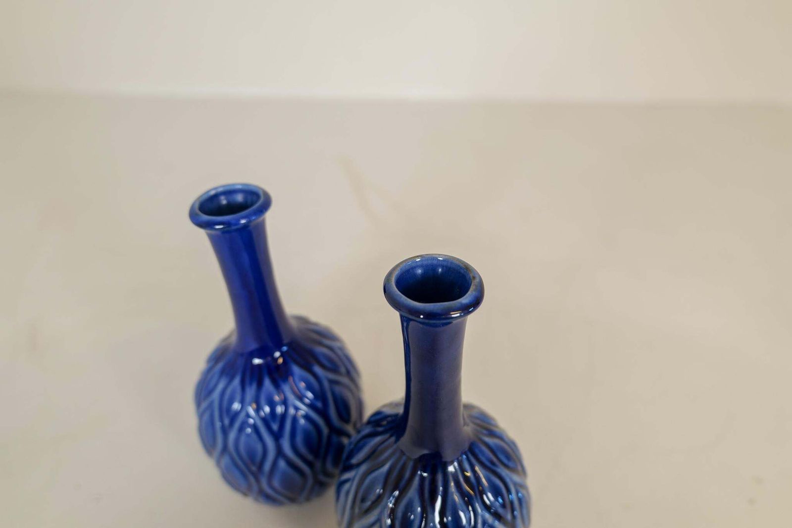 Home Decor Midcentury Blue And Red Peacock Vases Sven Erik Skawonius Upsala Ekeby, 1950s photo