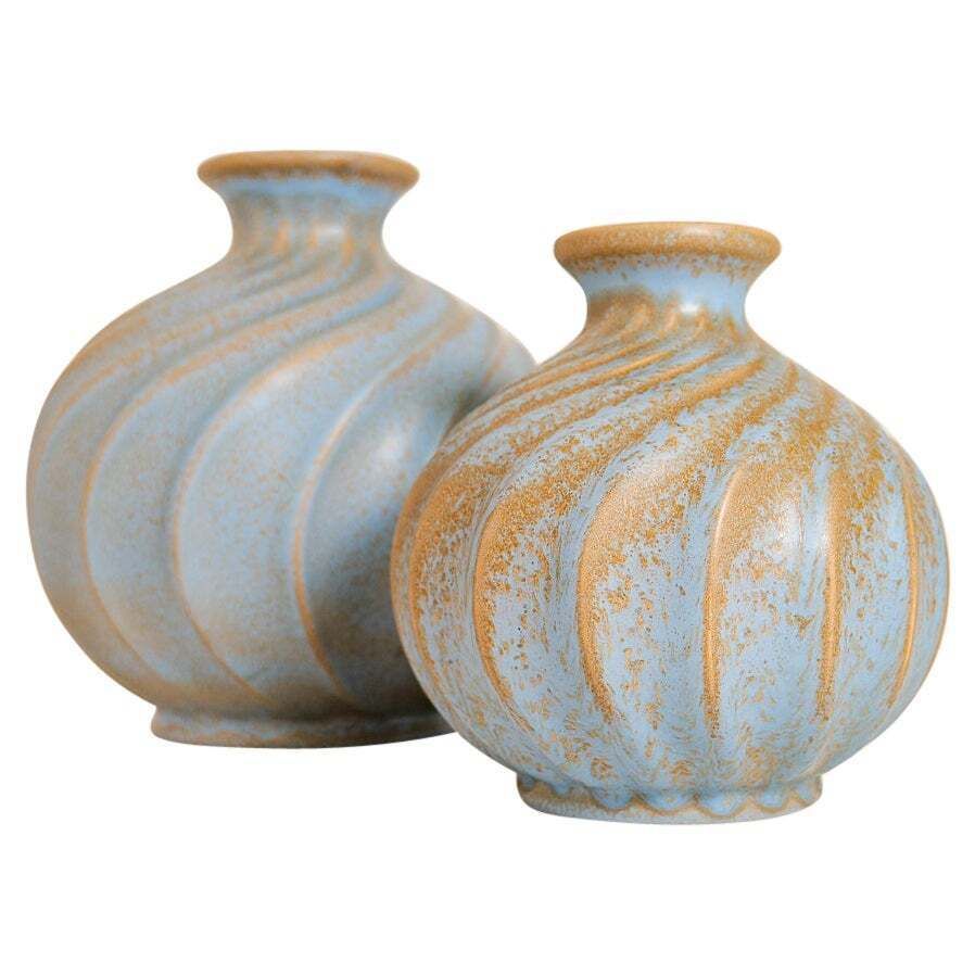 Midcentury Pair Of Ceramic Vases "Turkos", Ewald Dahlskog , Bo Fajans, Sweden