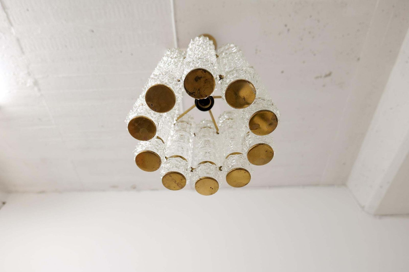 Brass And Crystal Cylinder Chandelier By Tyringe For Orrefors, Sweden photo vintage