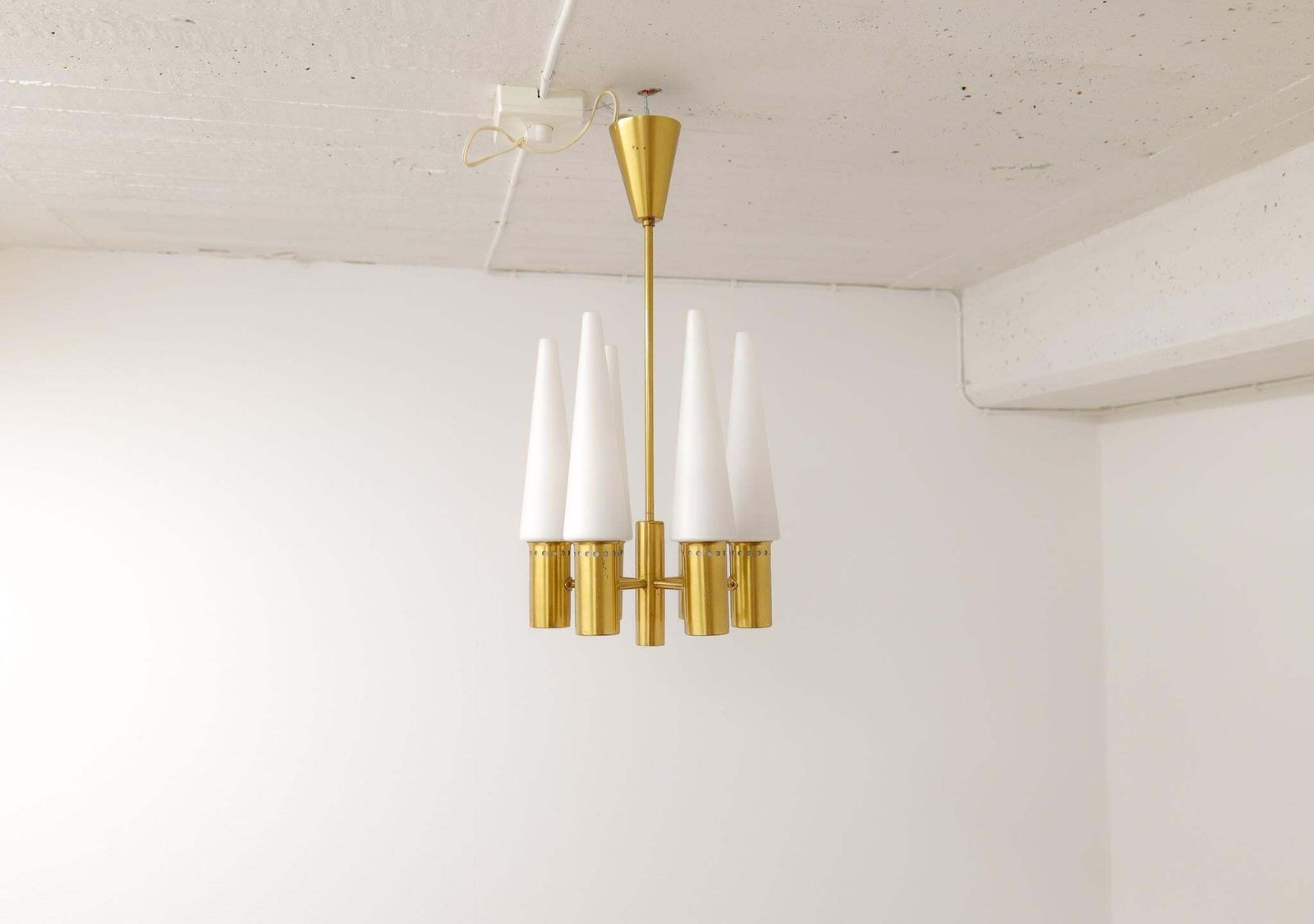 1873.0 Midcentury Hans Agne Jakobsson Brass And Opaline Ceiling Lamp, Sweden, 1950s photo