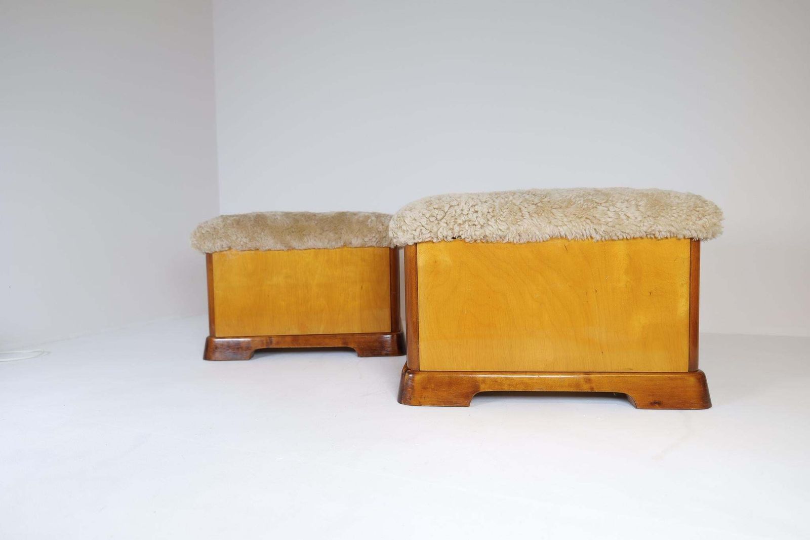 Swedish Art Deco Stools In Lacquered Birch And Sheepskin/Shearling Seat 1940s photo Furniture