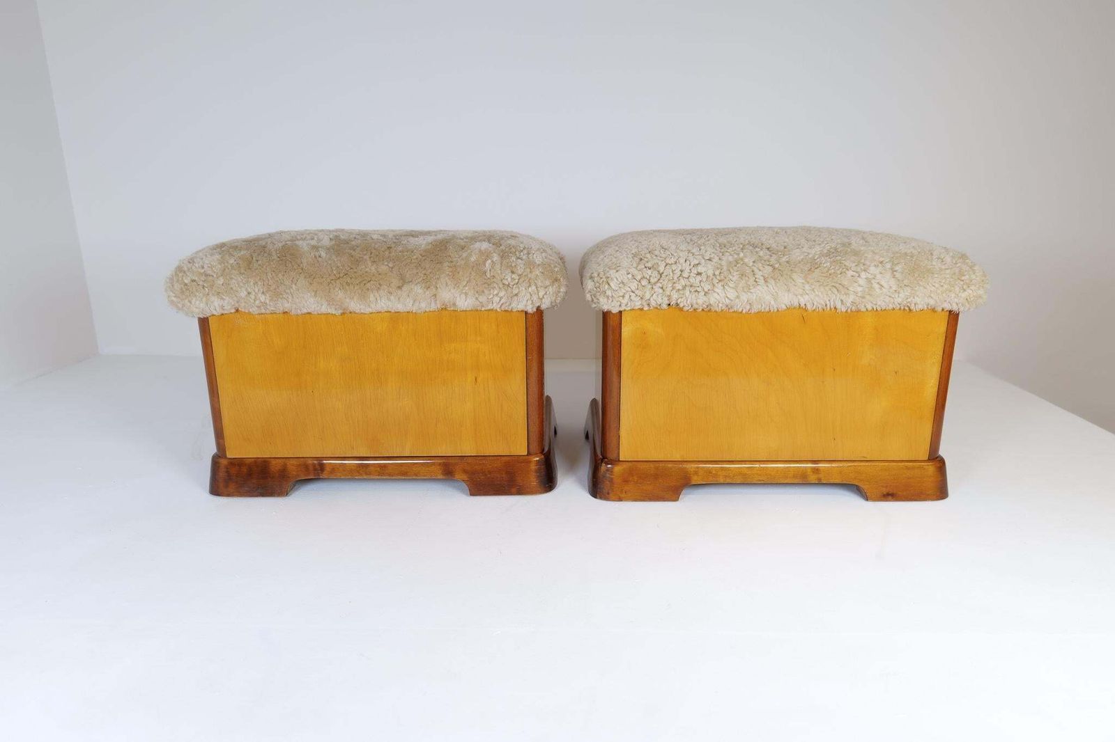 Swedish Art Deco Stools In Lacquered Birch And Sheepskin/Shearling Seat 1940s photo buy