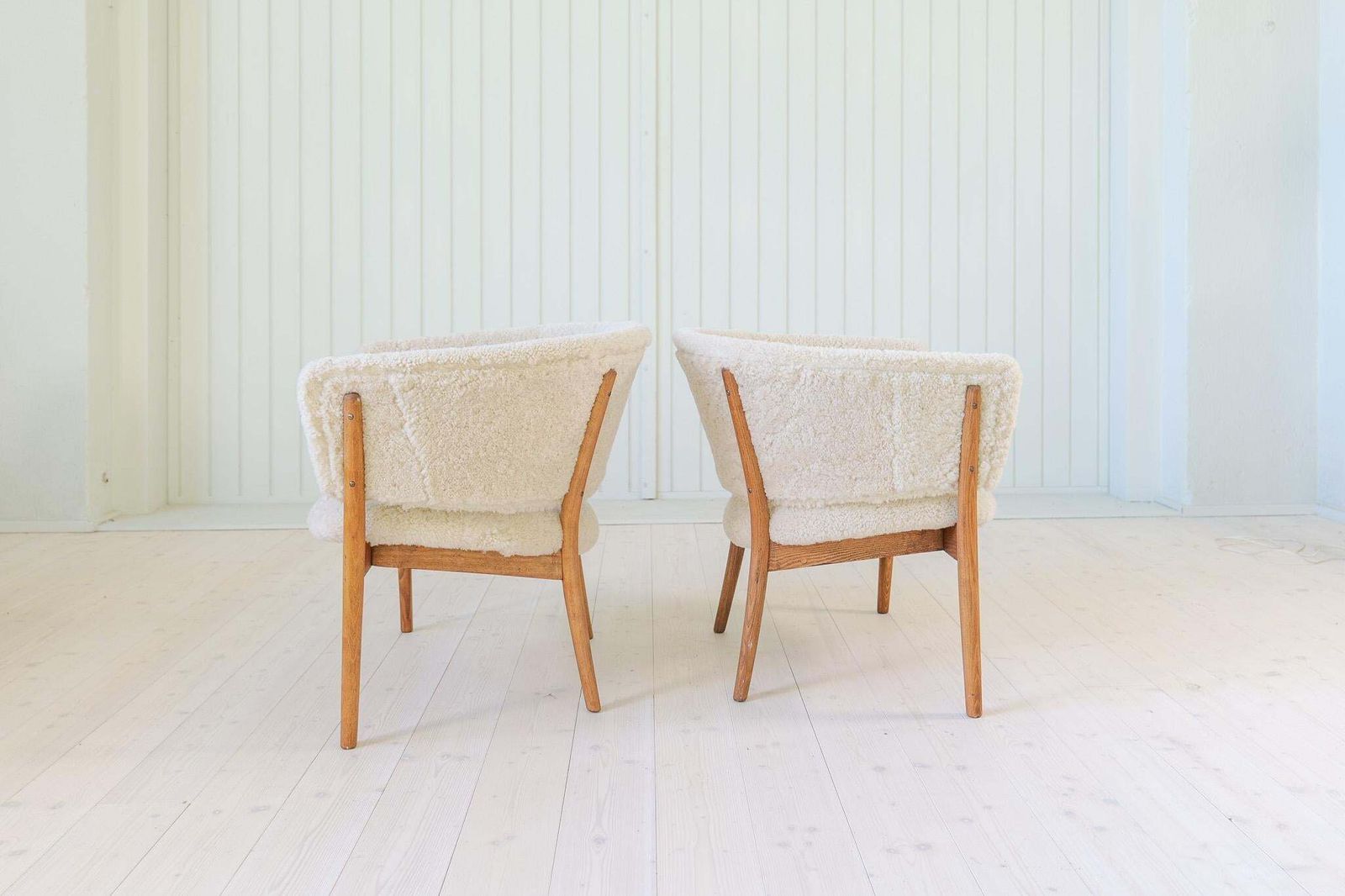 Mid Century Lounge Chairs In Sheepskin/Shearling And Stained Wood, Sweden, 1962 photo 9405.0