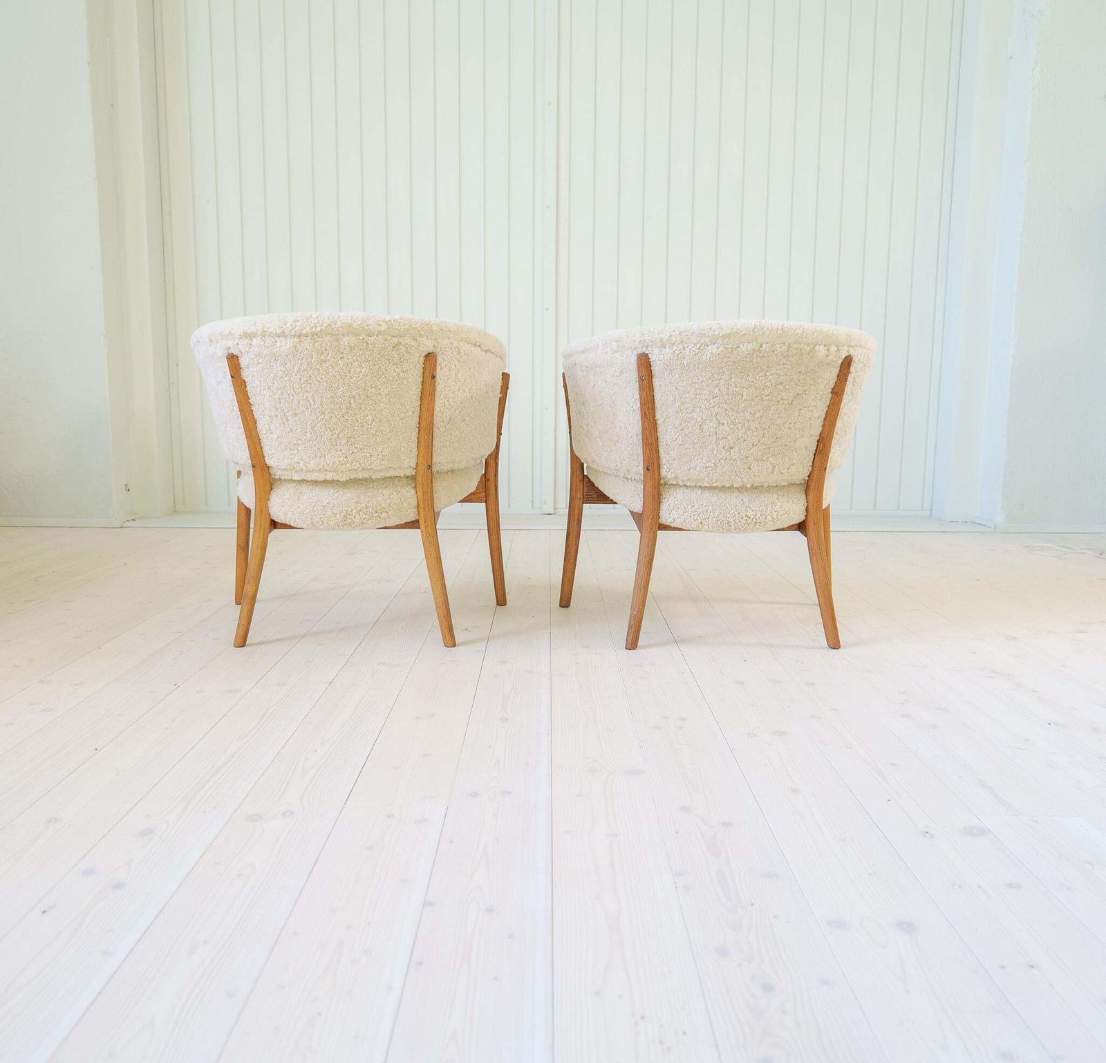 Mid Century Lounge Chairs In Sheepskin/Shearling And Stained Wood, Sweden, 1962 photo buy