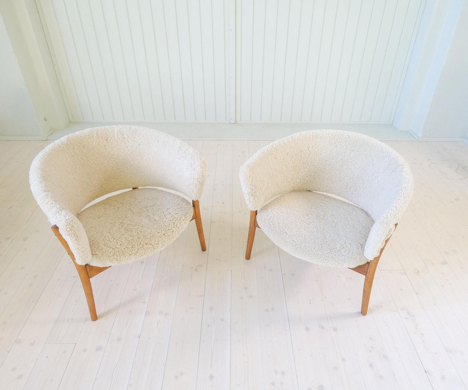 Furniture Mid Century Lounge Chairs In Sheepskin/Shearling And Stained Wood, Sweden, 1962 photo
