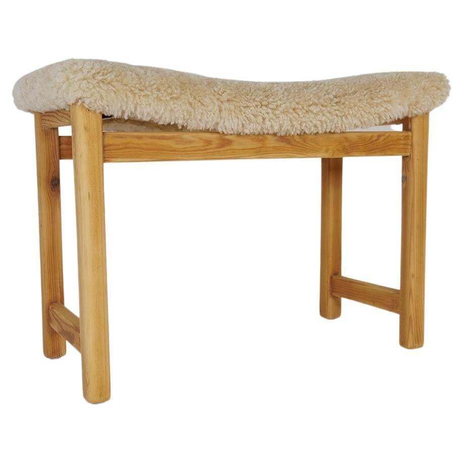 Scandinavian Modern Stool Pine And Sheepskin, Sweden, 1970s
