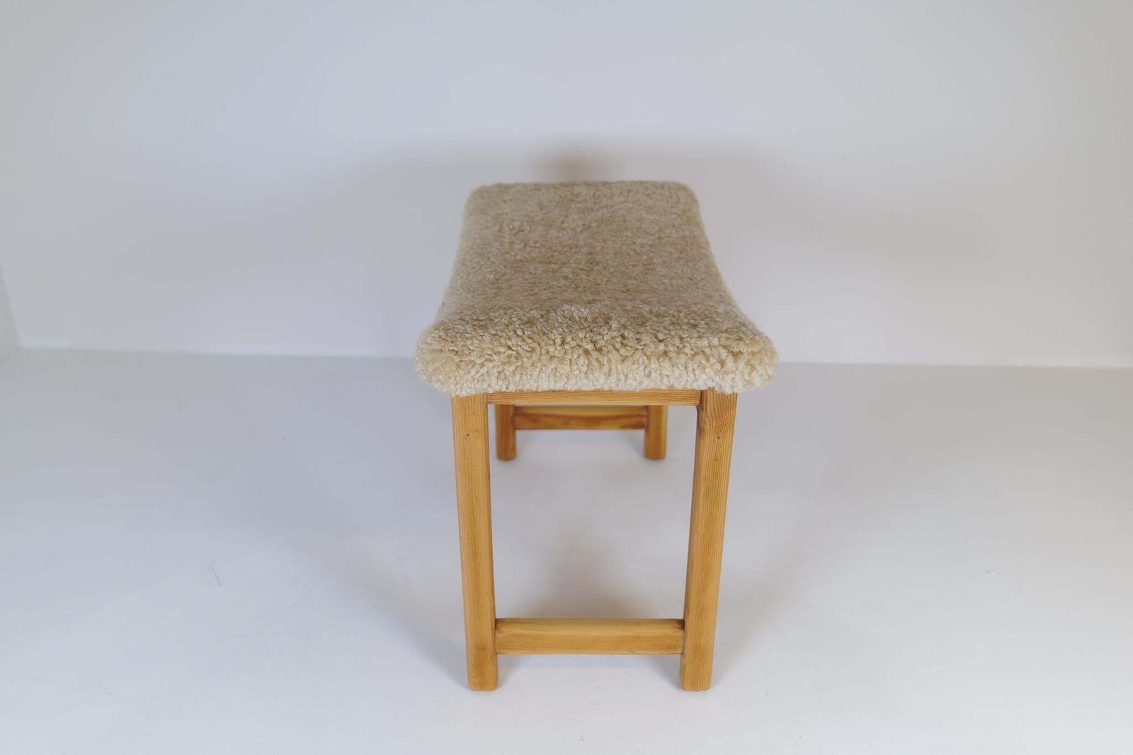 photo for sale Scandinavian Modern Stool Pine And Sheepskin, Sweden, 1970s
