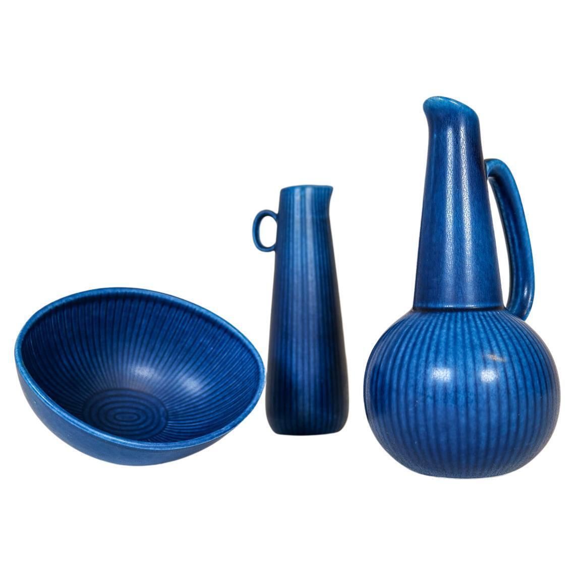 Midcentury Modern Set Of 3 Rörstrand Ritzi Vases And Bowl Gunnar Nylund