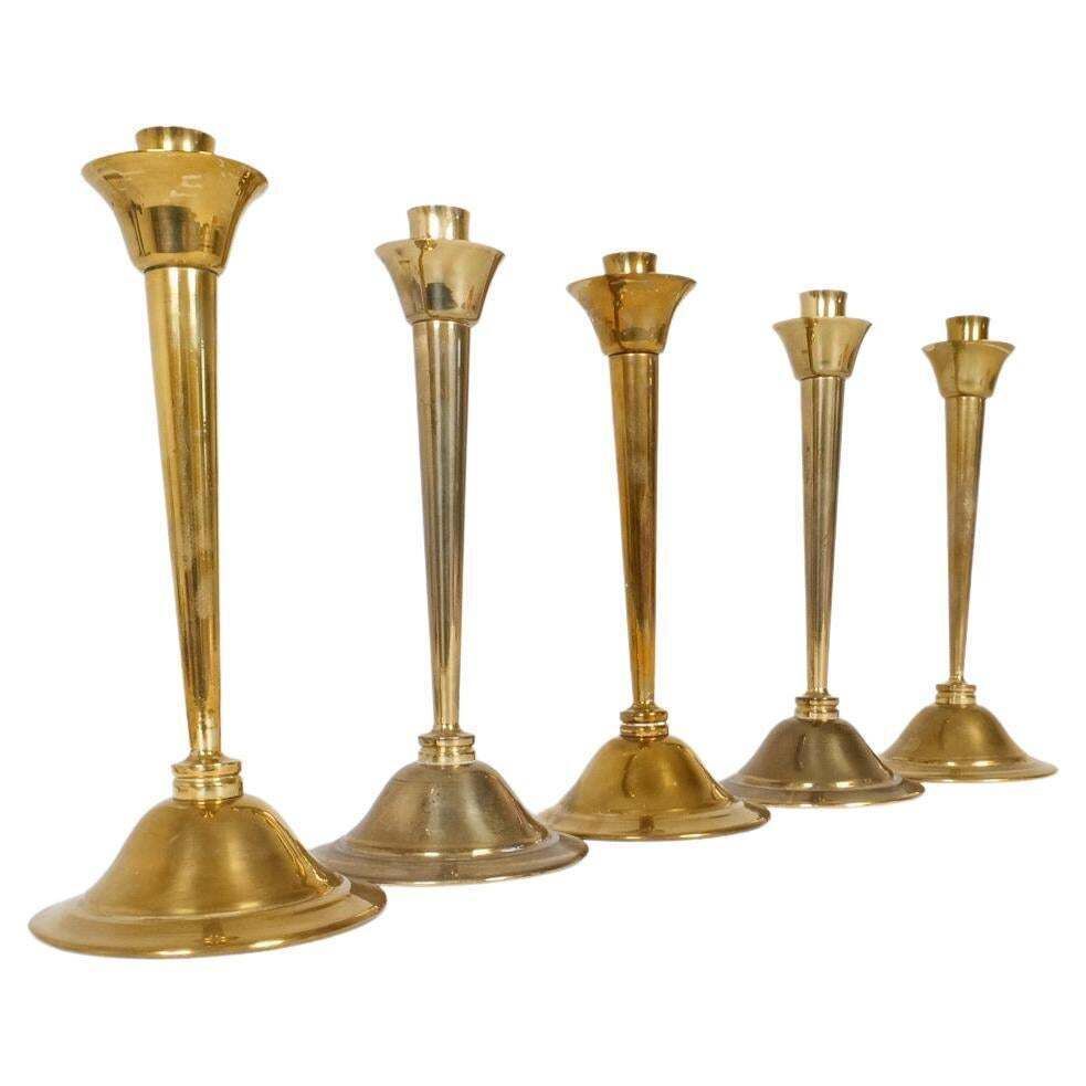 Midcentury Set Of 5 Candlesticks In Brass By Lars Holmström Arvika, Sweden