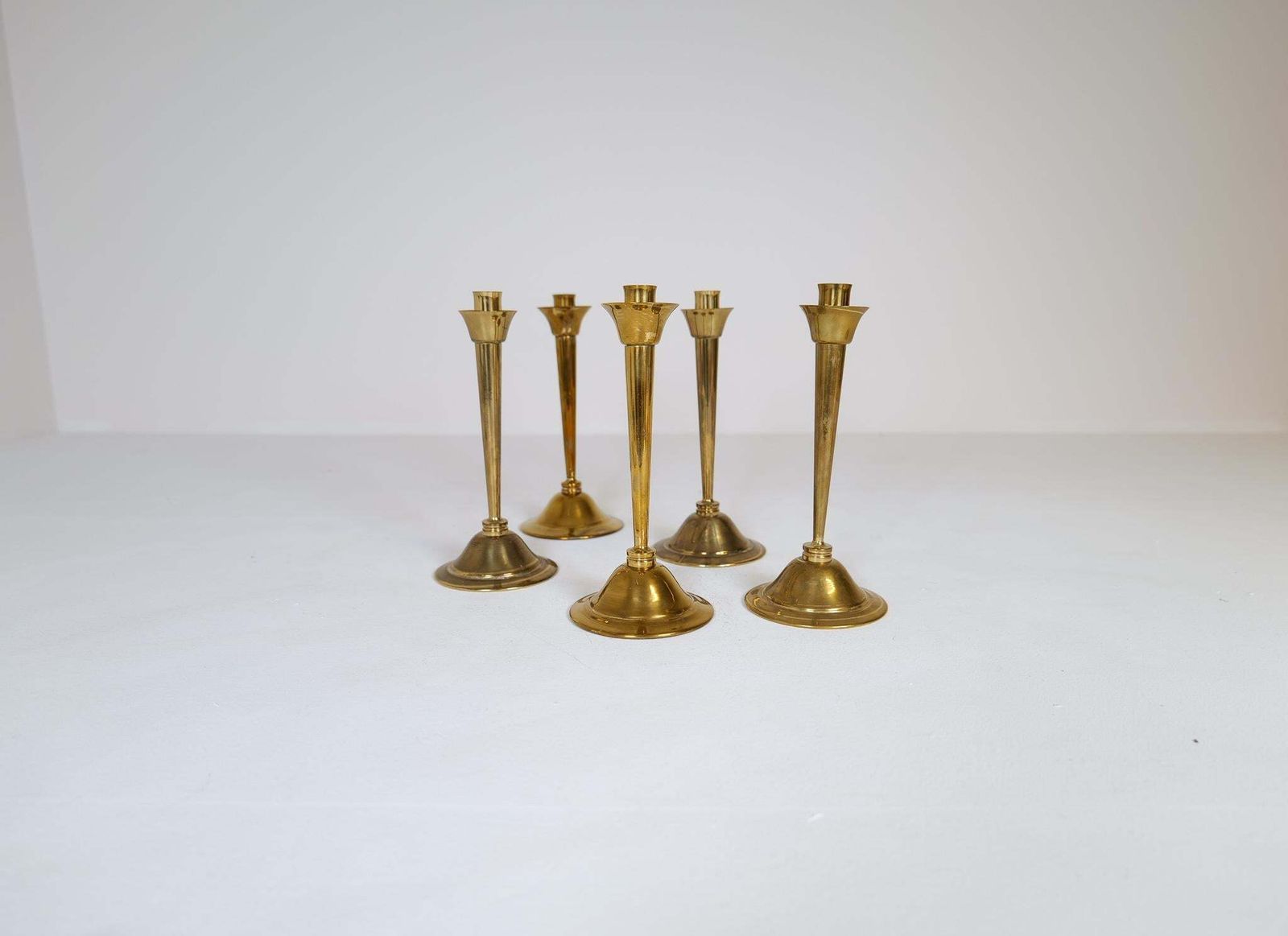 Midcentury Set Of 5 Candlesticks In Brass By Lars Holmström Arvika, Sweden photo for sale