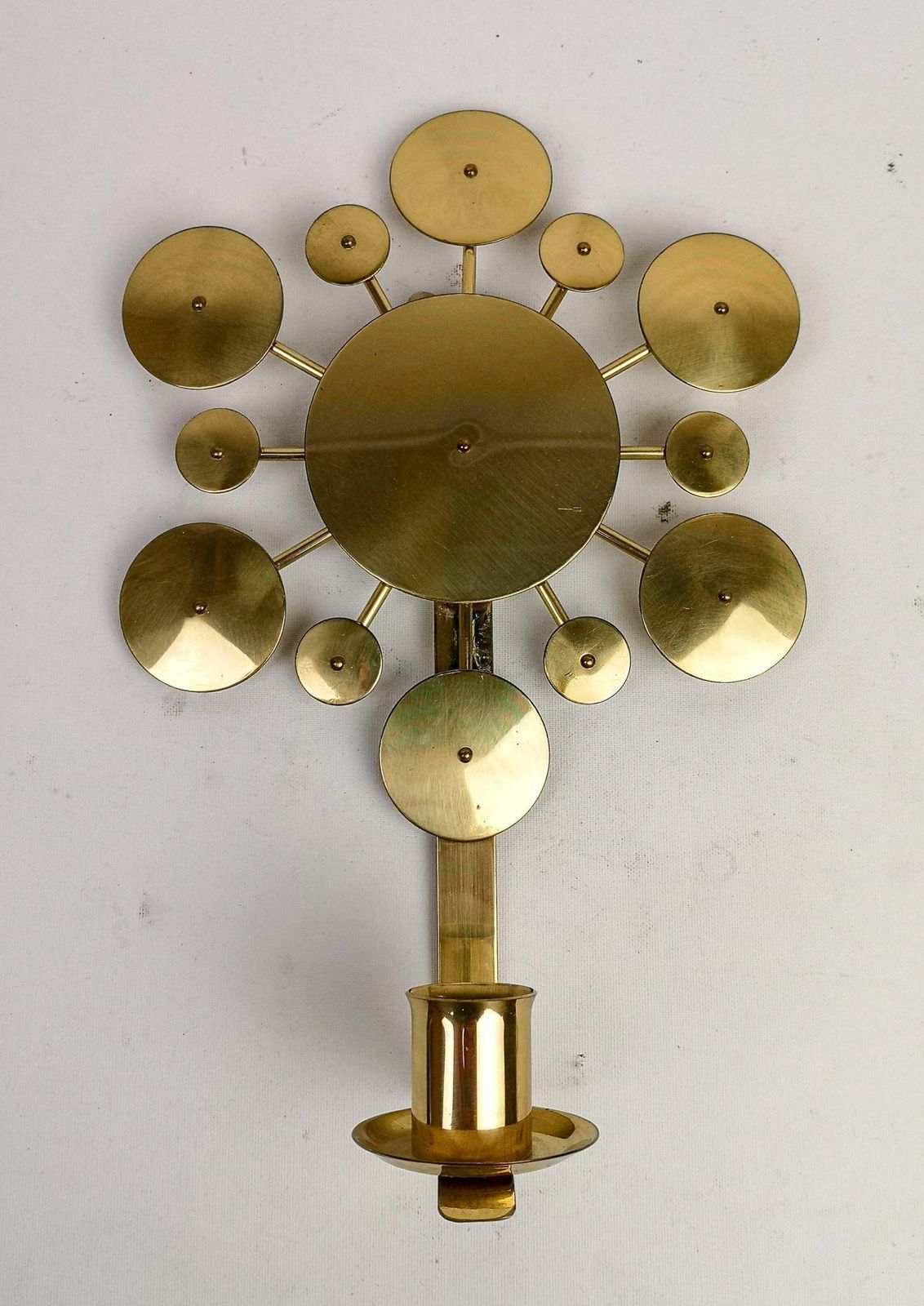 Set Of 3 Brass Wall Candlesticks "Sunburst" Holmström, Arvika, Sweden, 1960s photo vinterior