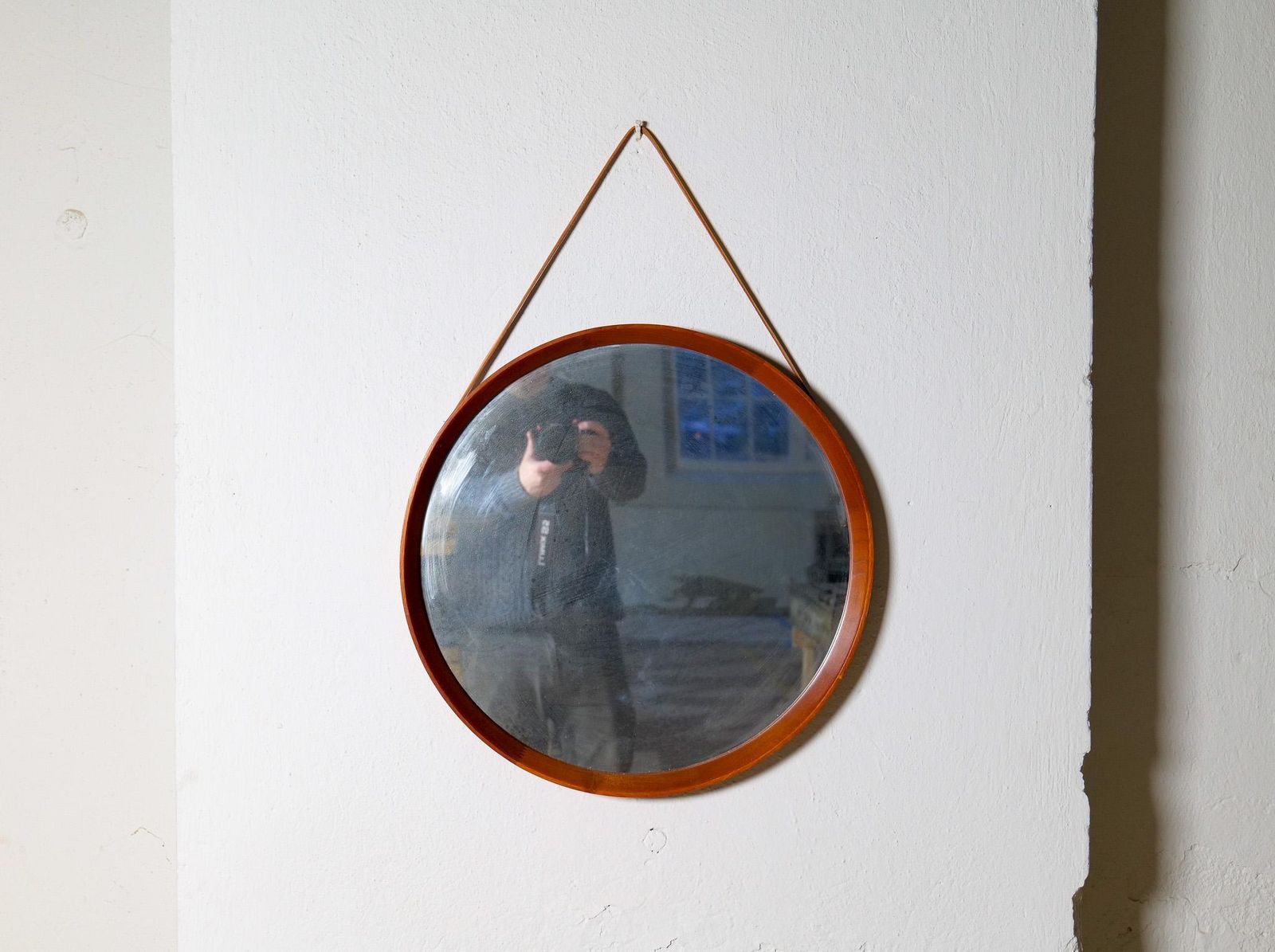 Midcentury Modern Round Mirror In Leather & Teak By Glas & Trä Hovmantorp Sweden photo Home Decor