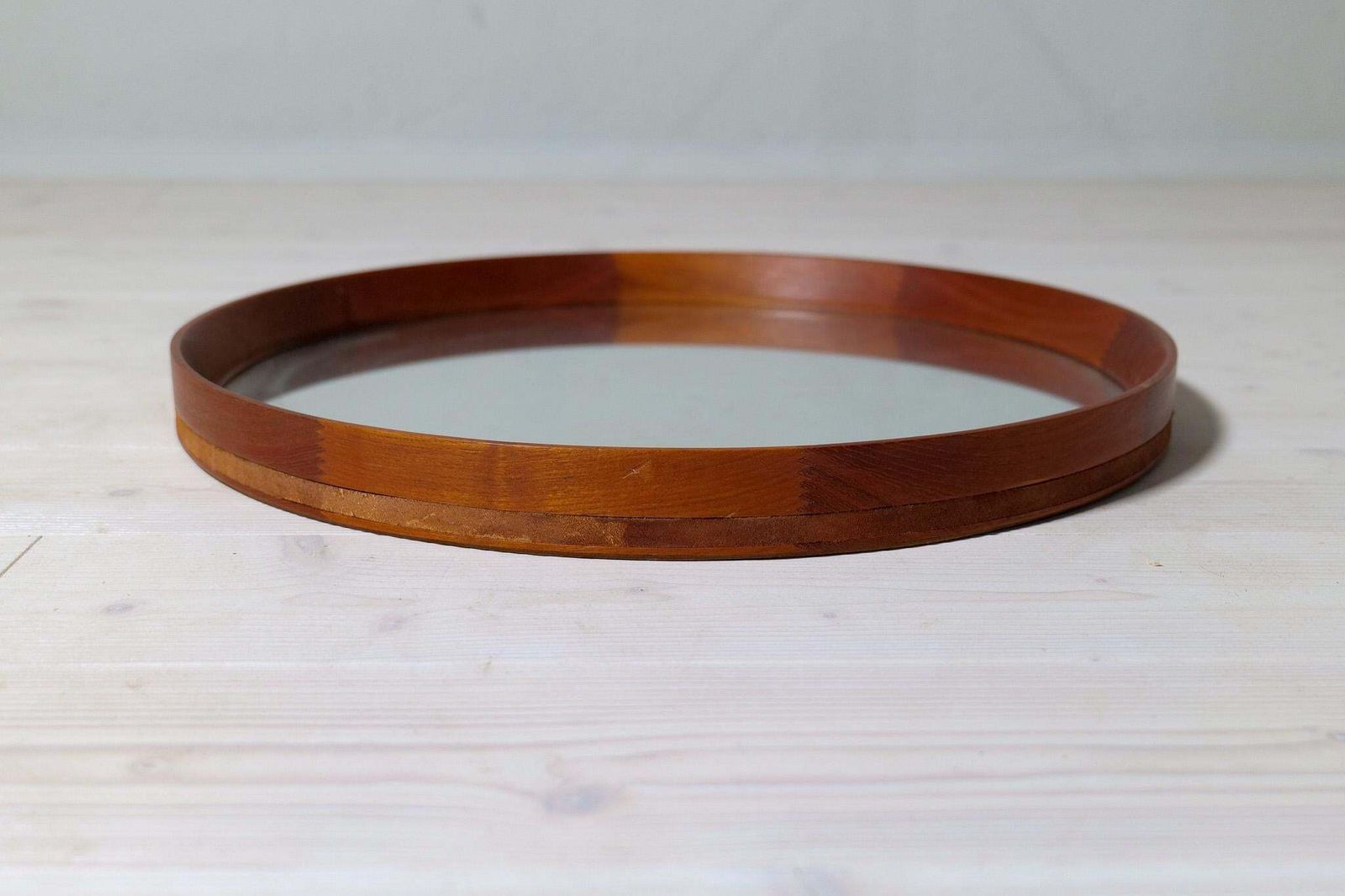 Midcentury Modern Round Mirror In Leather & Teak By Glas & Trä Hovmantorp Sweden photo 2138.0