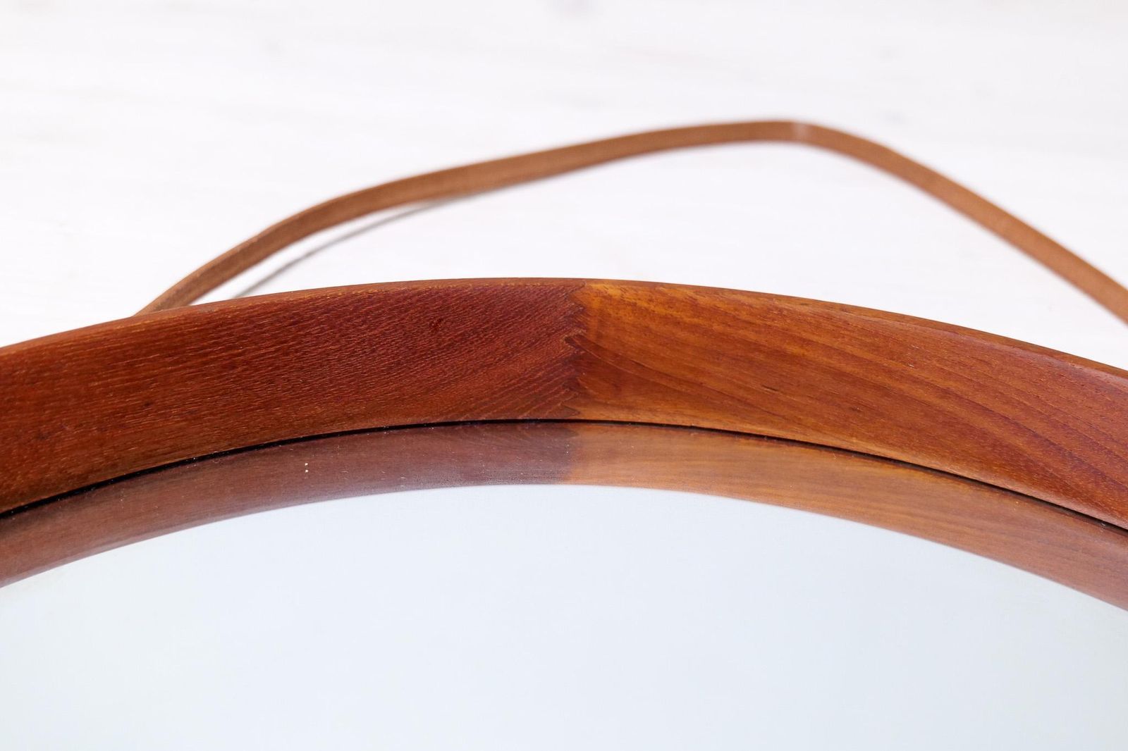 photo for sale Midcentury Modern Round Mirror In Leather & Teak By Glas & Trä Hovmantorp Sweden