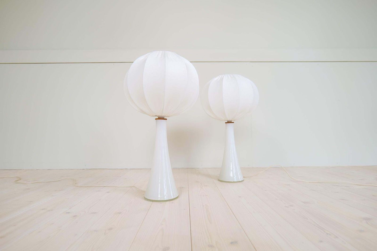 Midcentury Pair Of Opaline Glass Table Lamps Cotton Shades Bergboms Sweden, 1960 photo Lighting