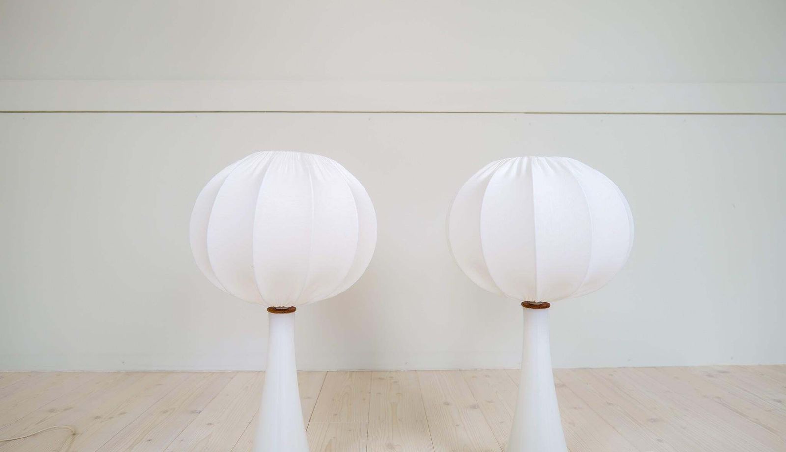 Midcentury Pair Of Opaline Glass Table Lamps Cotton Shades Bergboms Sweden, 1960 photo vinterior