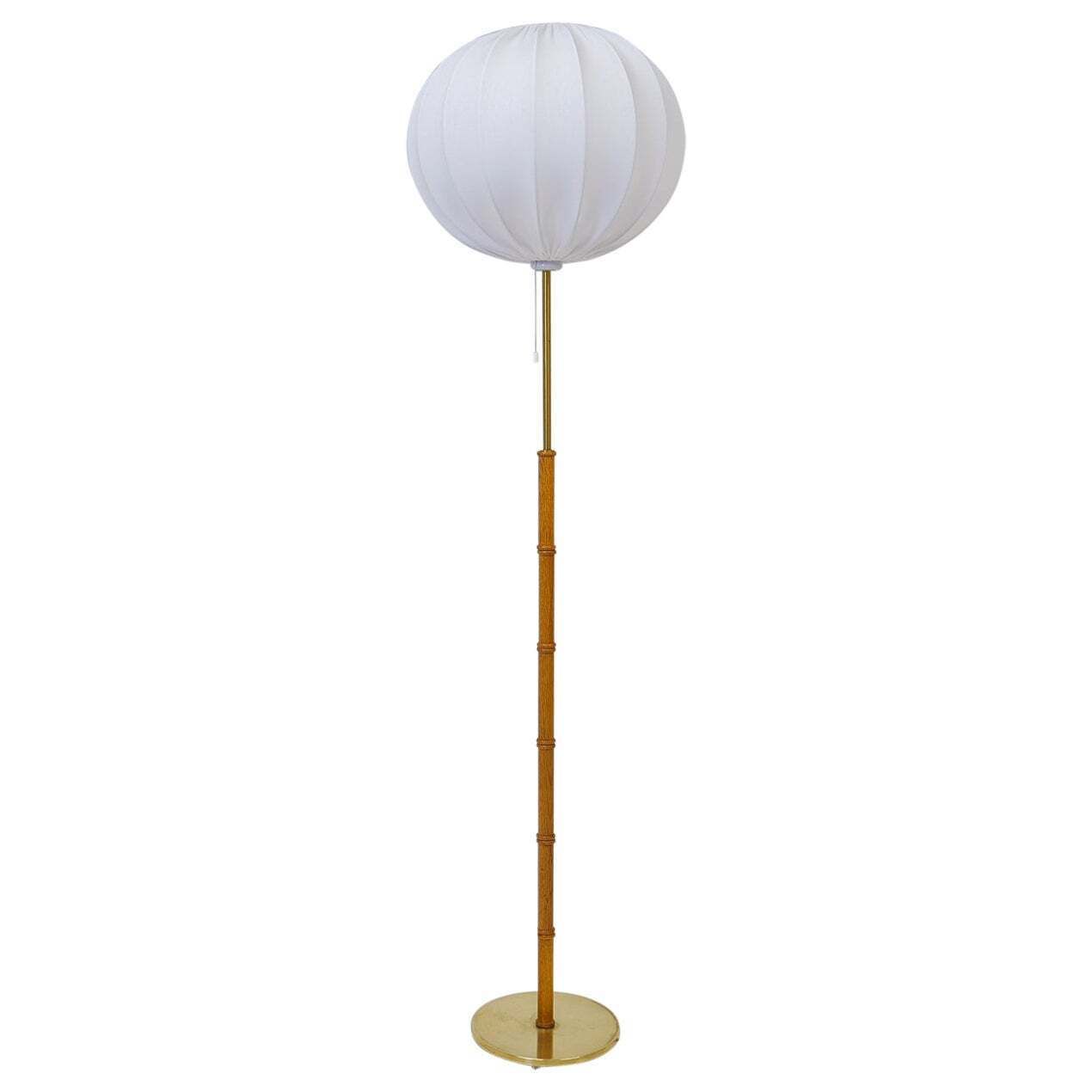 Midcentury Floor Lamp Brass And Oak Falkenbergs Belysning, Sweden, 1960s