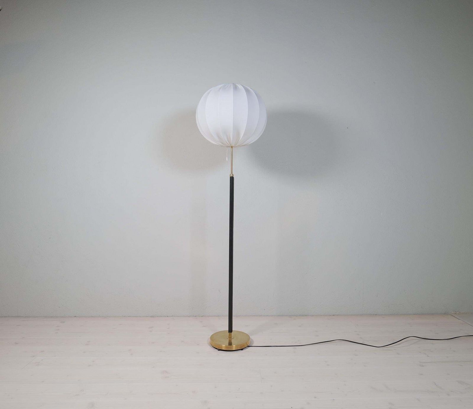 Mid Century Brass Black Leather Floor Lamp Falkenbergs Belysning, Sweden, 1960s photo furniture