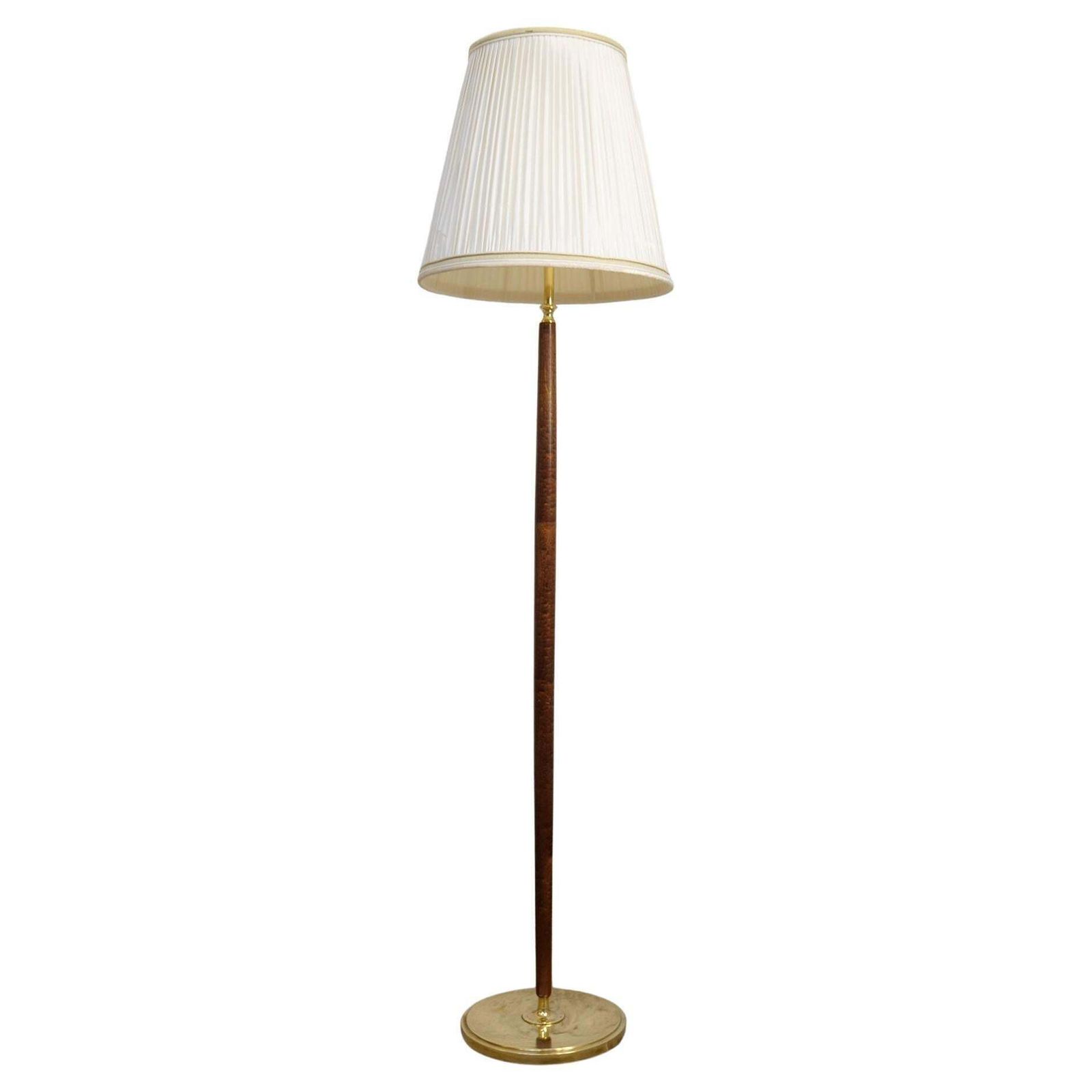 Mid Century Floor Lamp Brass And Polished Wood Böhlmarks, Sweden, 1940s
